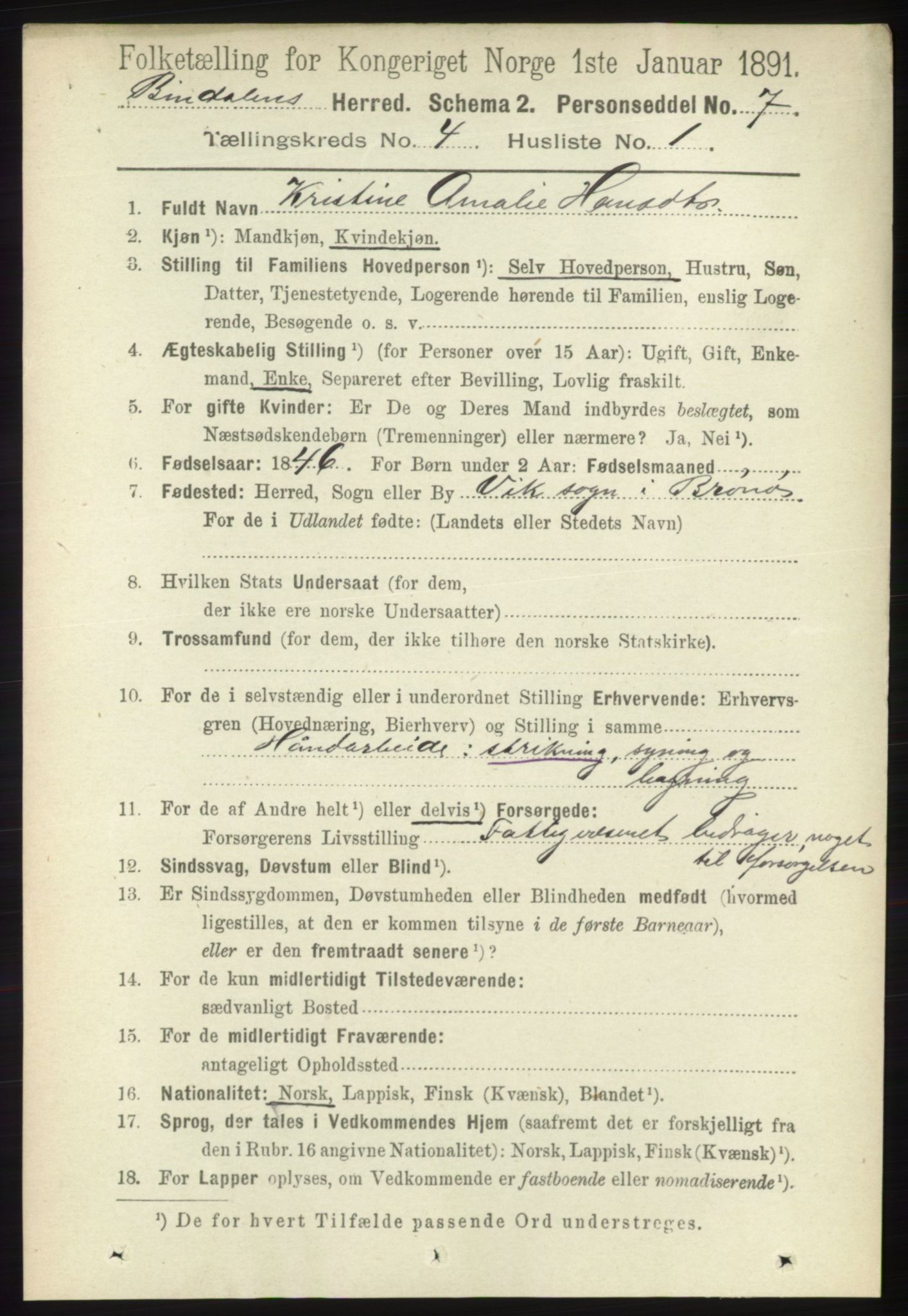 RA, 1891 census for 1811 Bindal, 1891, p. 1041