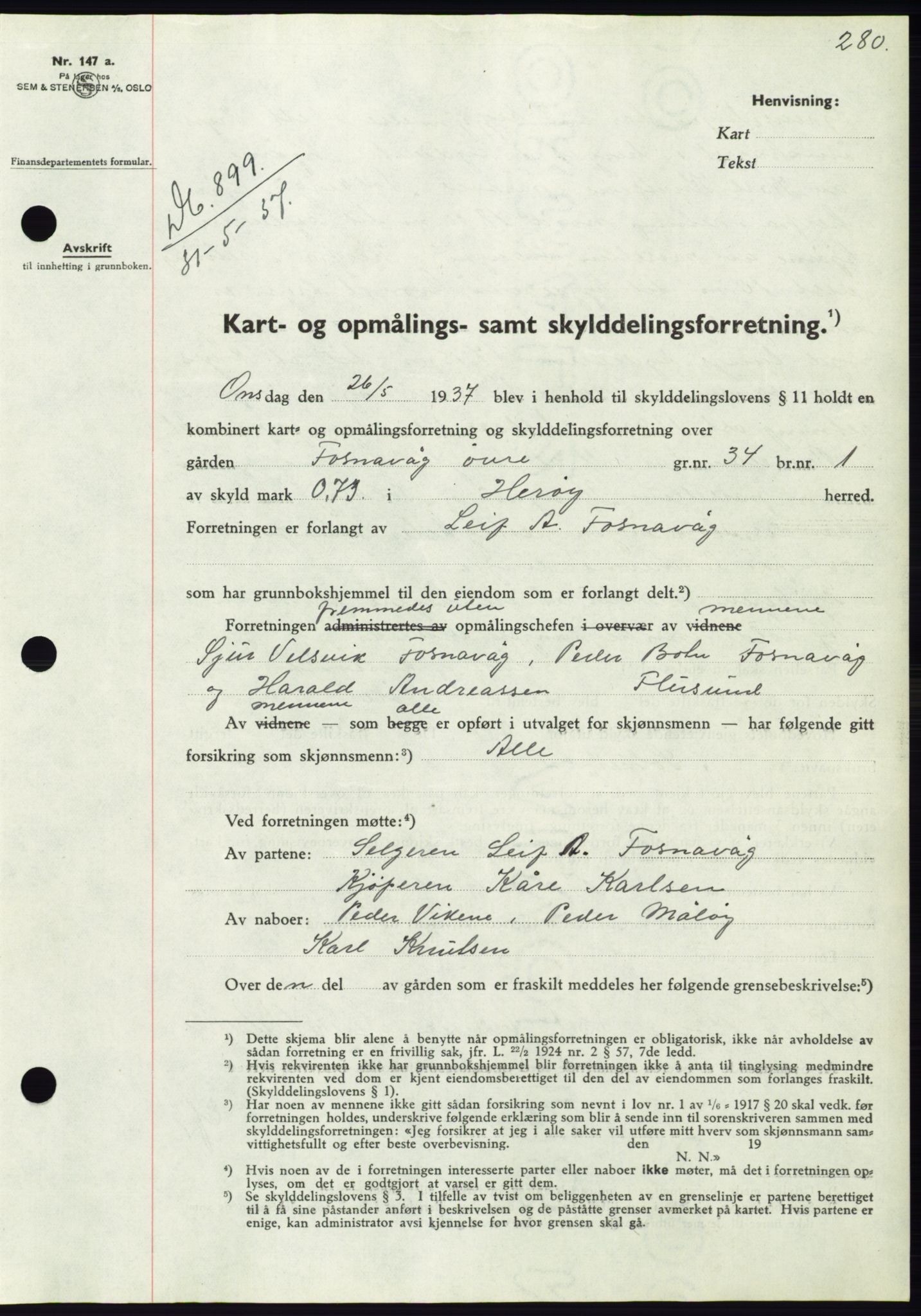 Søre Sunnmøre sorenskriveri, AV/SAT-A-4122/1/2/2C/L0063: Mortgage book no. 57, 1937-1937, Diary no: : 899/1937