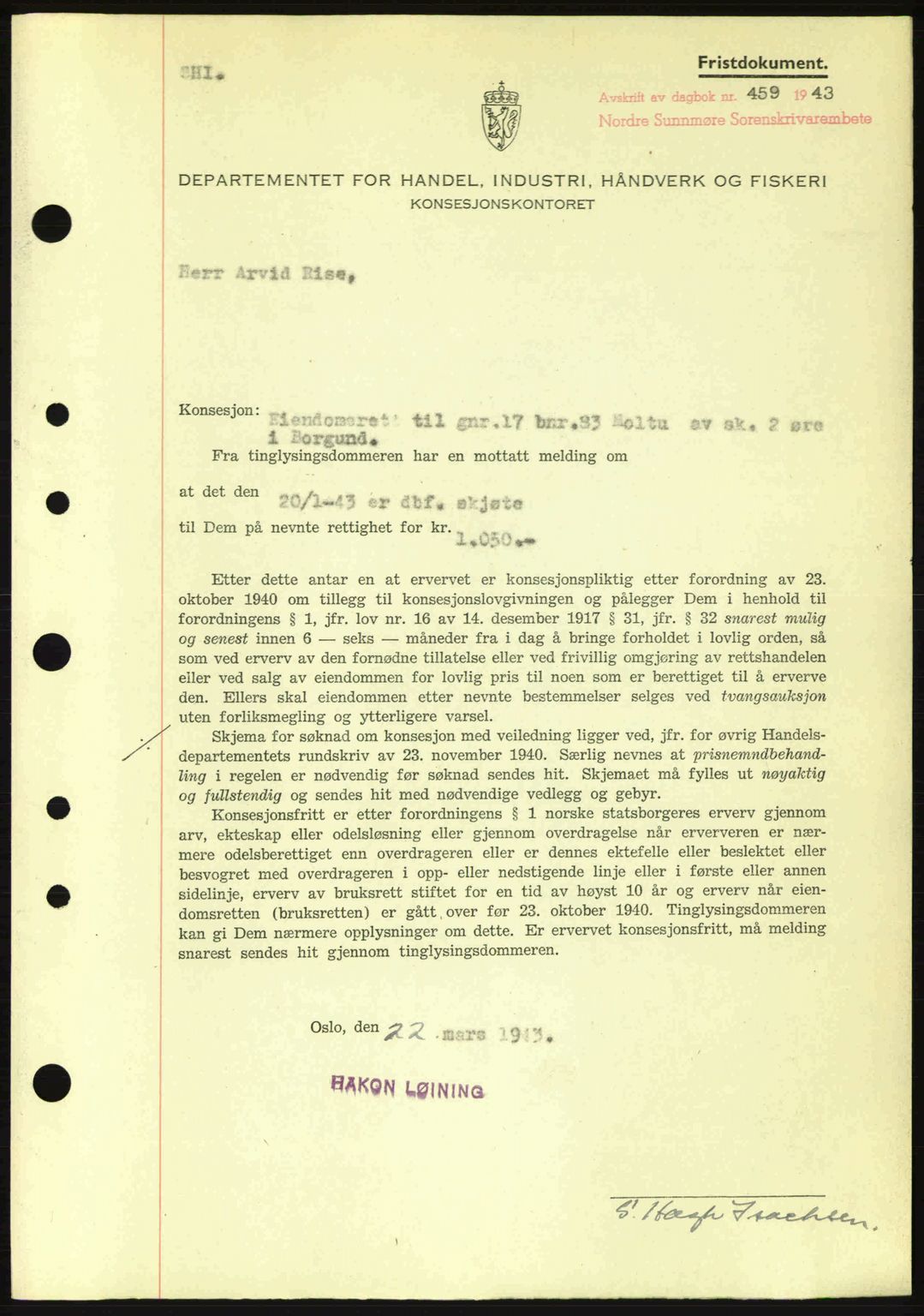 Nordre Sunnmøre sorenskriveri, SAT/A-0006/1/2/2C/2Ca: Mortgage book no. B6-14 a, 1942-1945, Diary no: : 459/1943