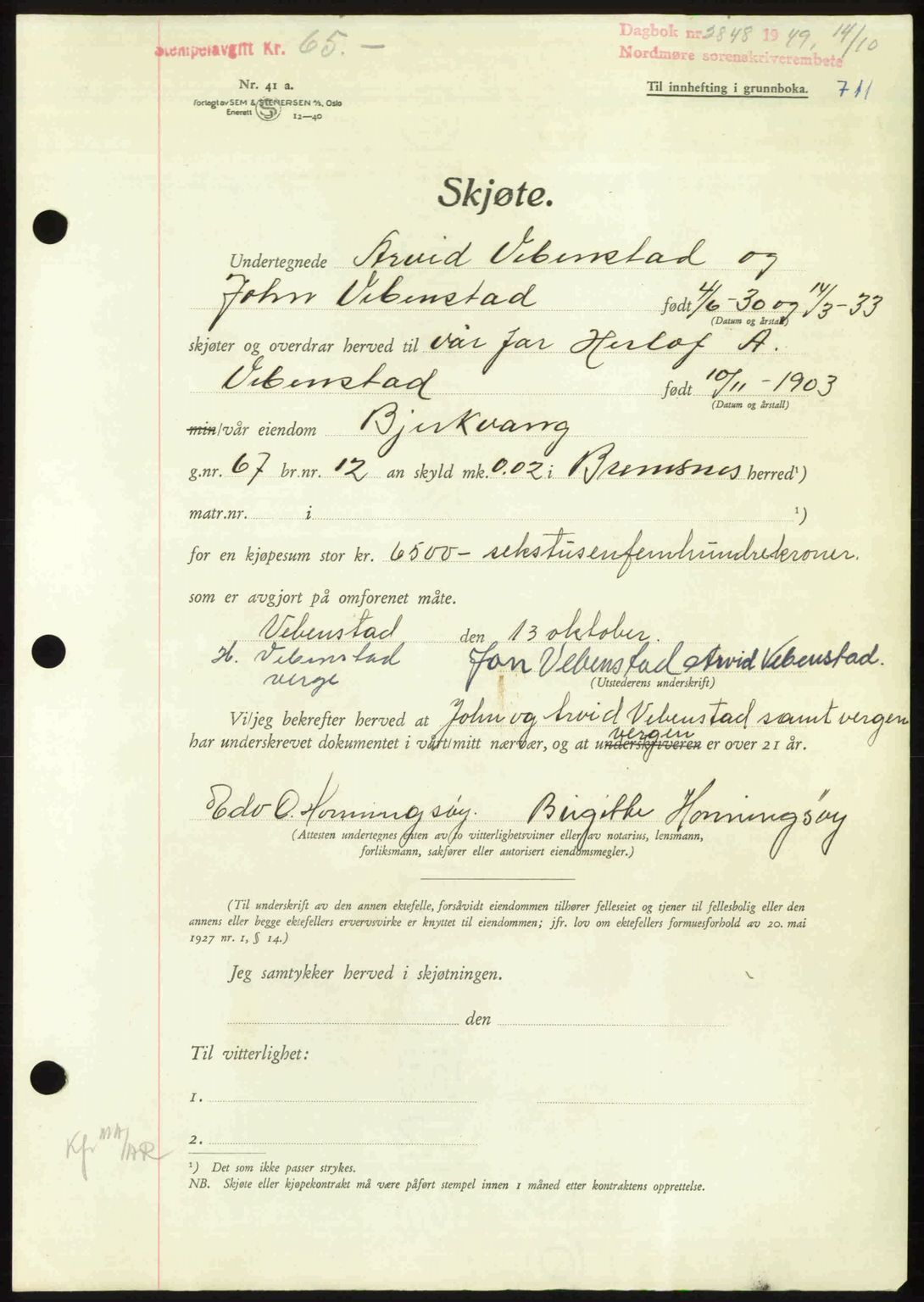 Nordmøre sorenskriveri, AV/SAT-A-4132/1/2/2Ca: Mortgage book no. A112, 1949-1949, Diary no: : 2848/1949