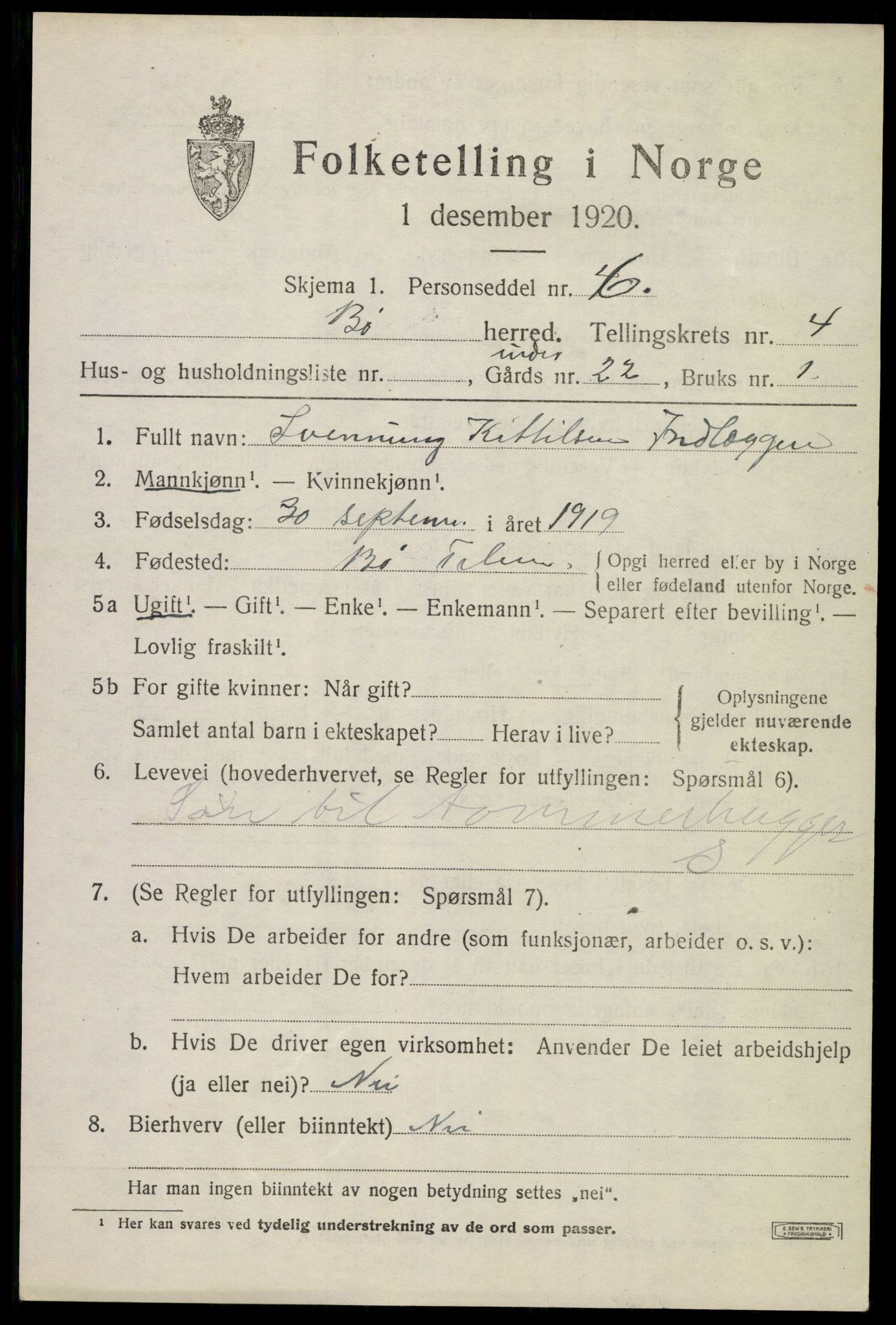 SAKO, 1920 census for Bø (Telemark), 1920, p. 3204