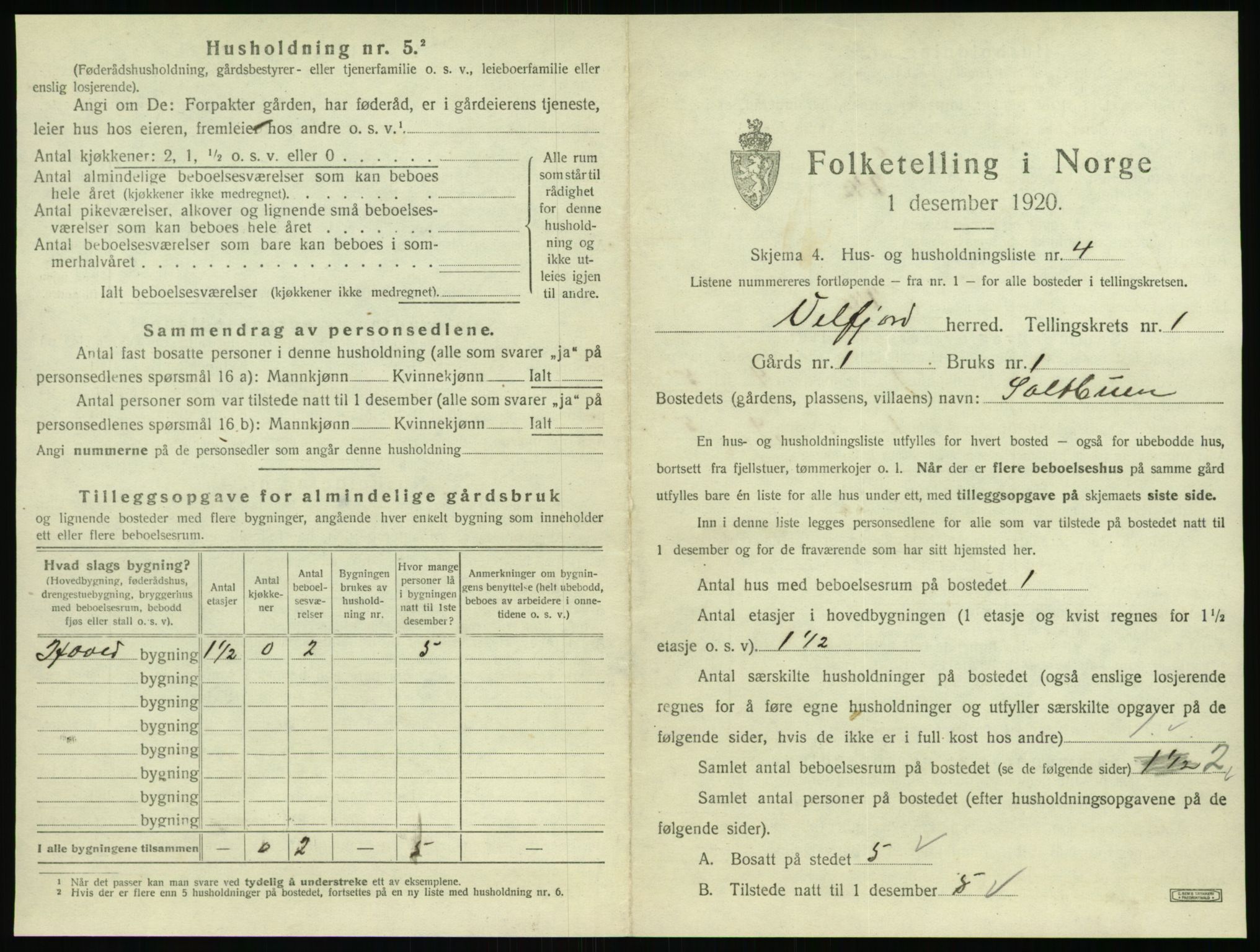 SAT, 1920 census for Velfjord, 1920, p. 43