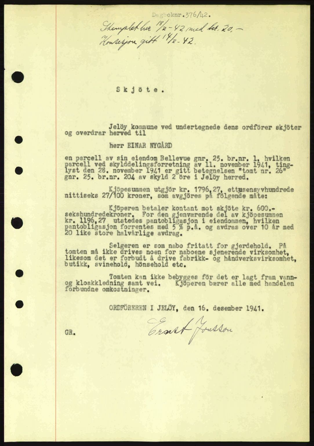 Moss sorenskriveri, SAO/A-10168: Mortgage book no. A9, 1941-1942, Diary no: : 376/1942