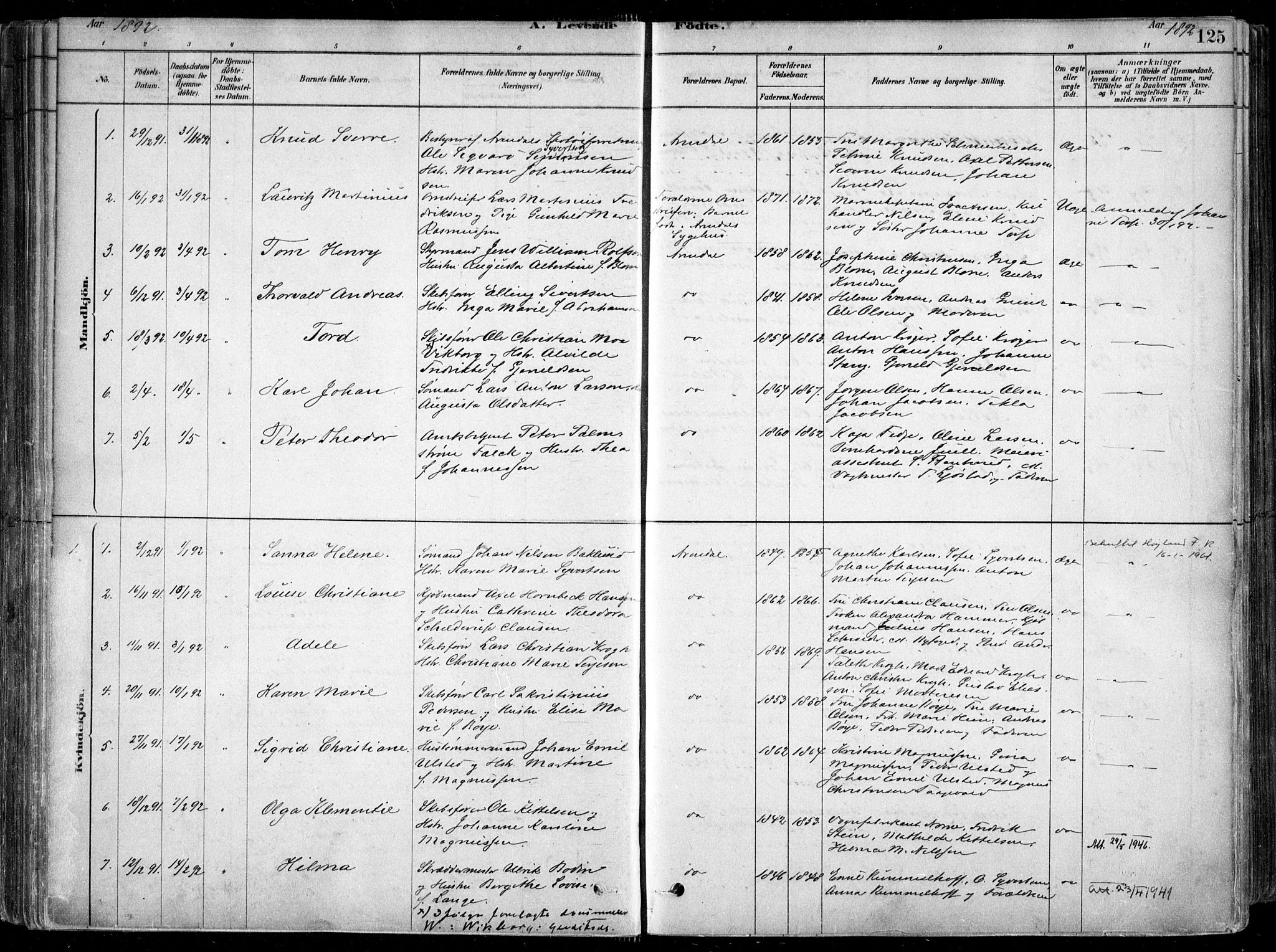 Arendal sokneprestkontor, Trefoldighet, SAK/1111-0040/F/Fa/L0008: Parish register (official) no. A 8, 1878-1899, p. 125