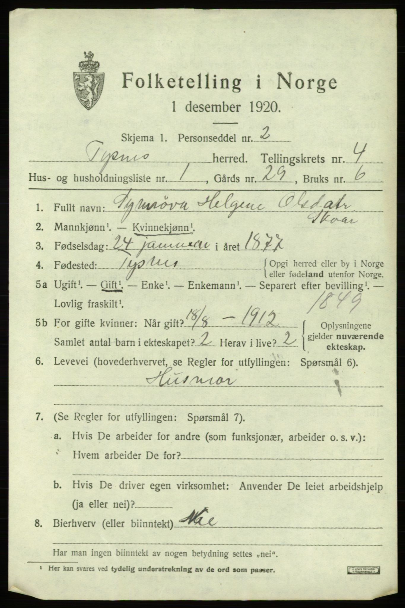 SAB, 1920 census for Tysnes, 1920, p. 3220