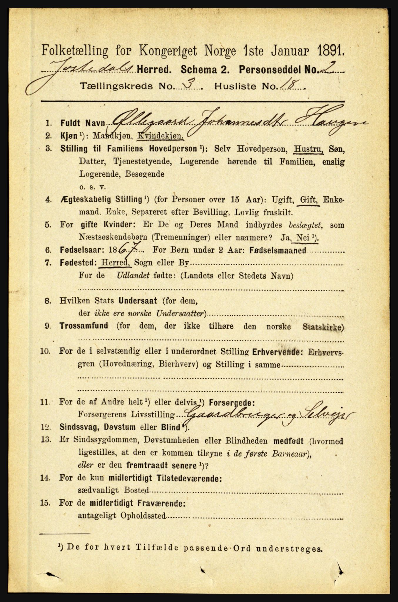 RA, 1891 census for 1427 Jostedal, 1891, p. 1023