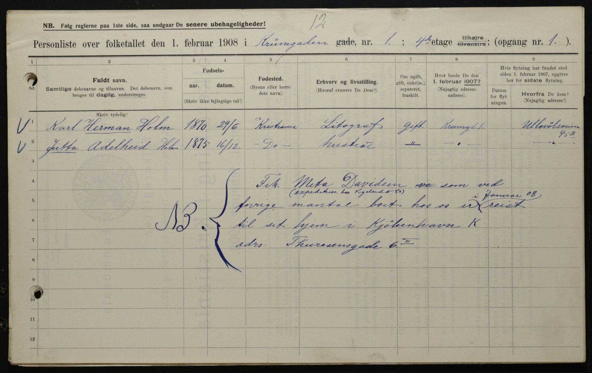 OBA, Municipal Census 1908 for Kristiania, 1908, p. 49055