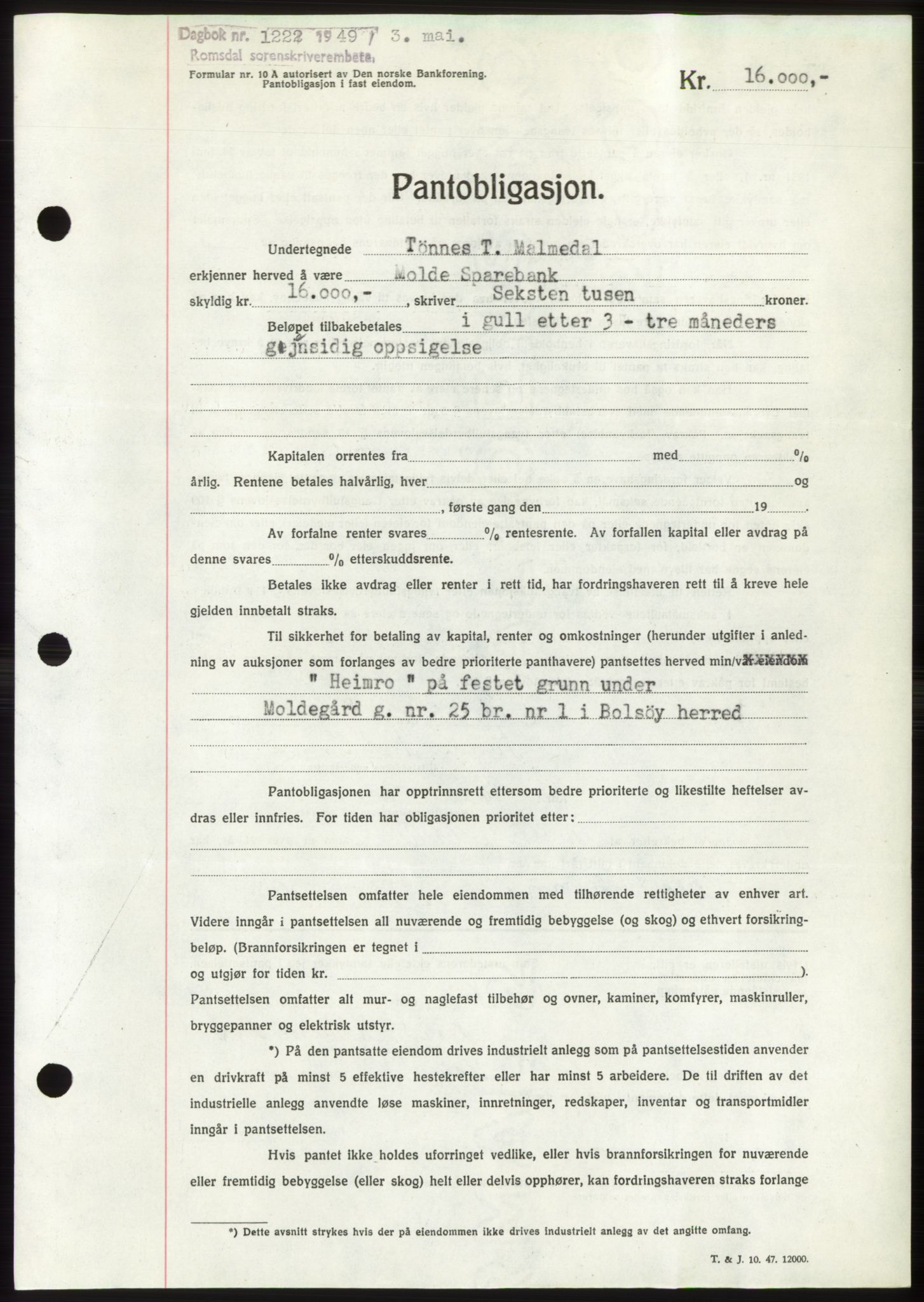 Romsdal sorenskriveri, AV/SAT-A-4149/1/2/2C: Mortgage book no. B4, 1948-1949, Diary no: : 1222/1949