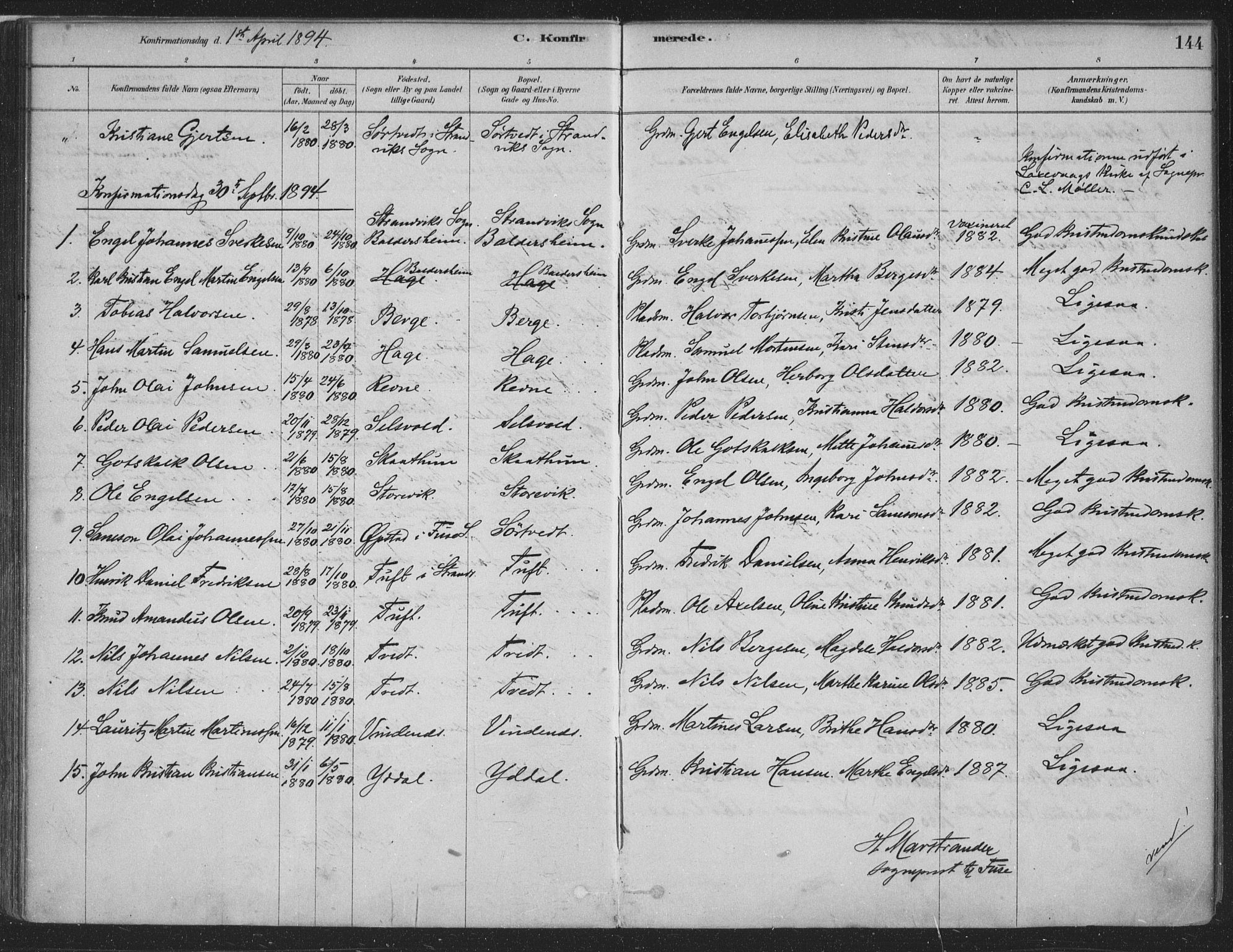 Fusa sokneprestembete, AV/SAB-A-75401/H/Haa: Parish register (official) no. D 1, 1880-1938, p. 144