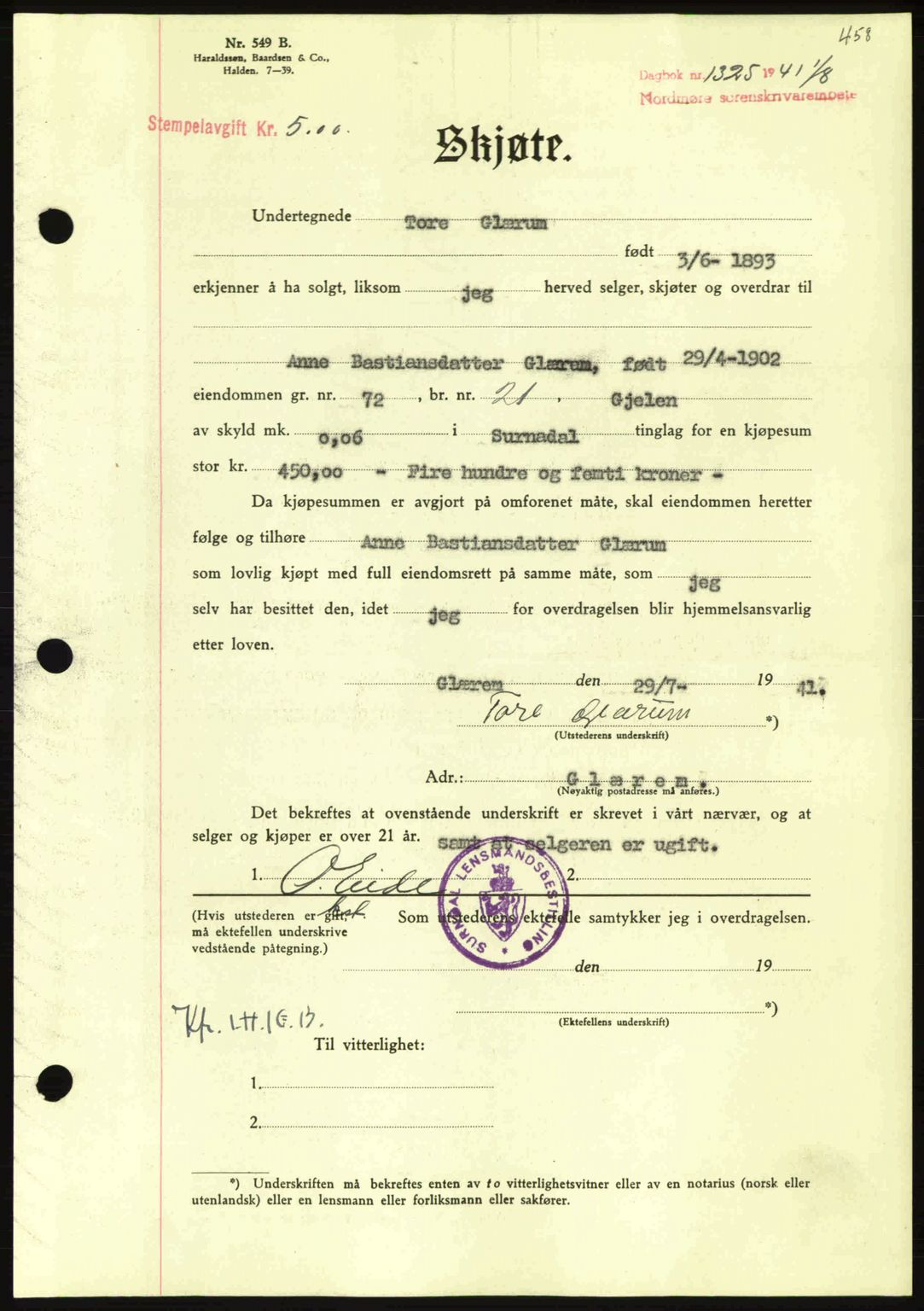 Nordmøre sorenskriveri, SAT/A-4132/1/2/2Ca: Mortgage book no. A90, 1941-1941, Diary no: : 1325/1941