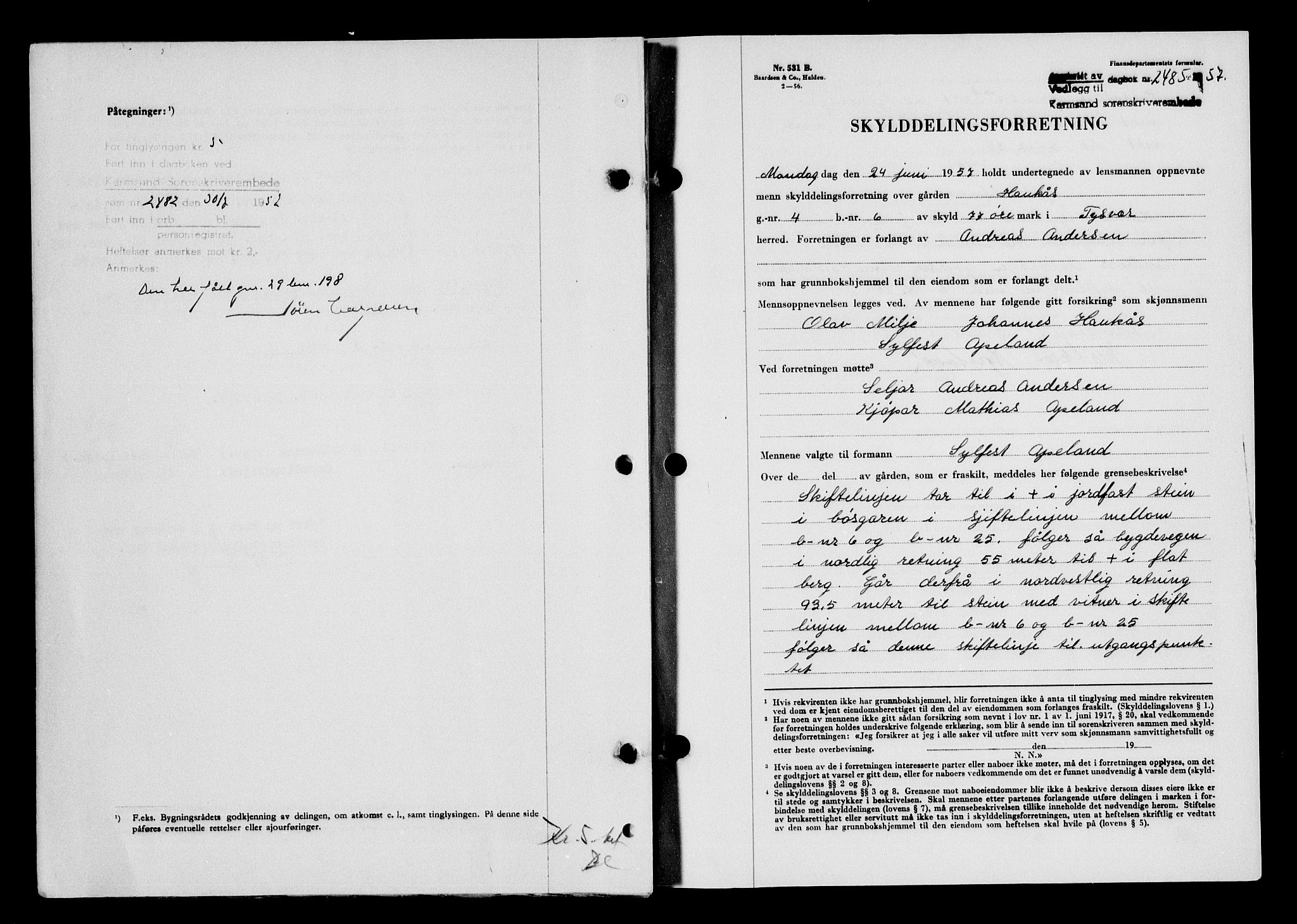 Karmsund sorenskriveri, AV/SAST-A-100311/01/II/IIB/L0125: Mortgage book no. 105A, 1957-1957, Diary no: : 2485/1957