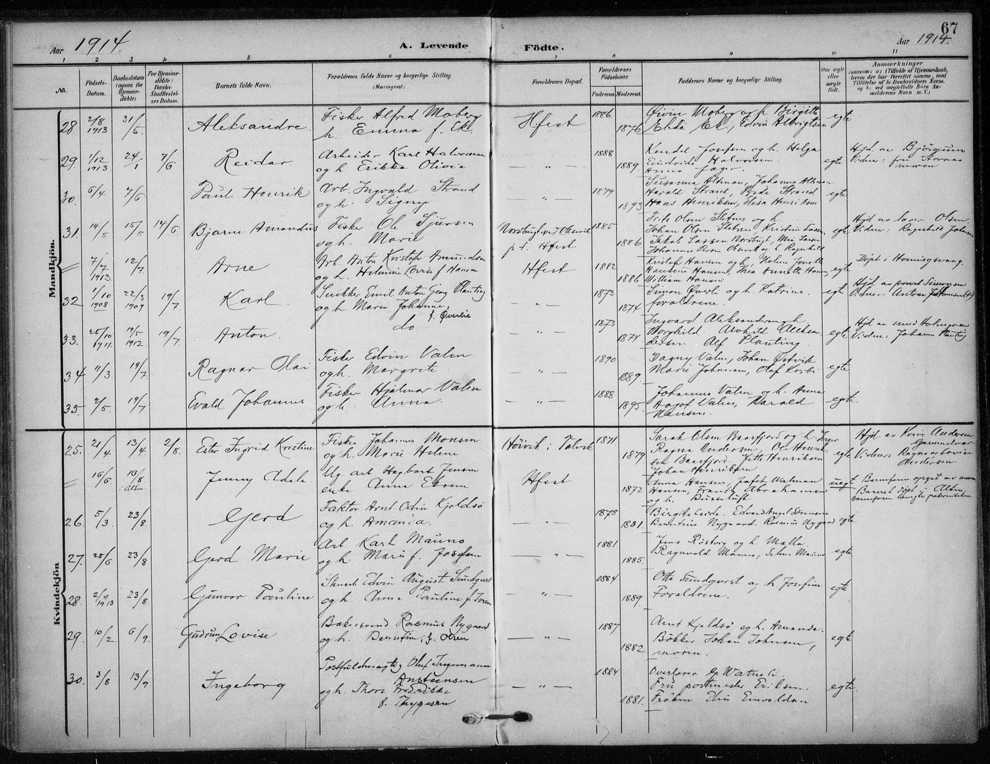 Hammerfest sokneprestkontor, AV/SATØ-S-1347/H/Ha/L0014.kirke: Parish register (official) no. 14, 1906-1916, p. 67