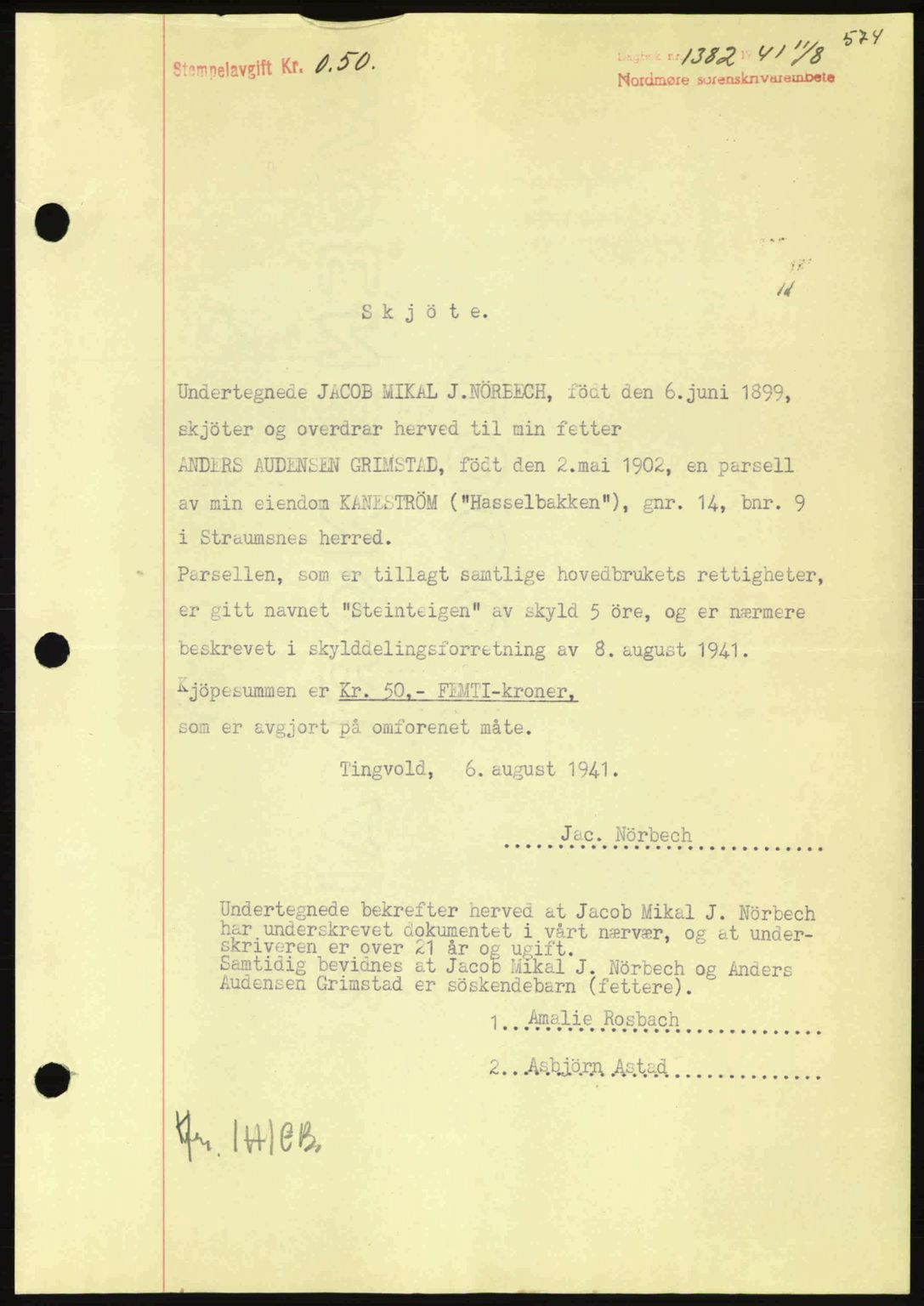 Nordmøre sorenskriveri, SAT/A-4132/1/2/2Ca: Mortgage book no. A90, 1941-1941, Diary no: : 1382/1941