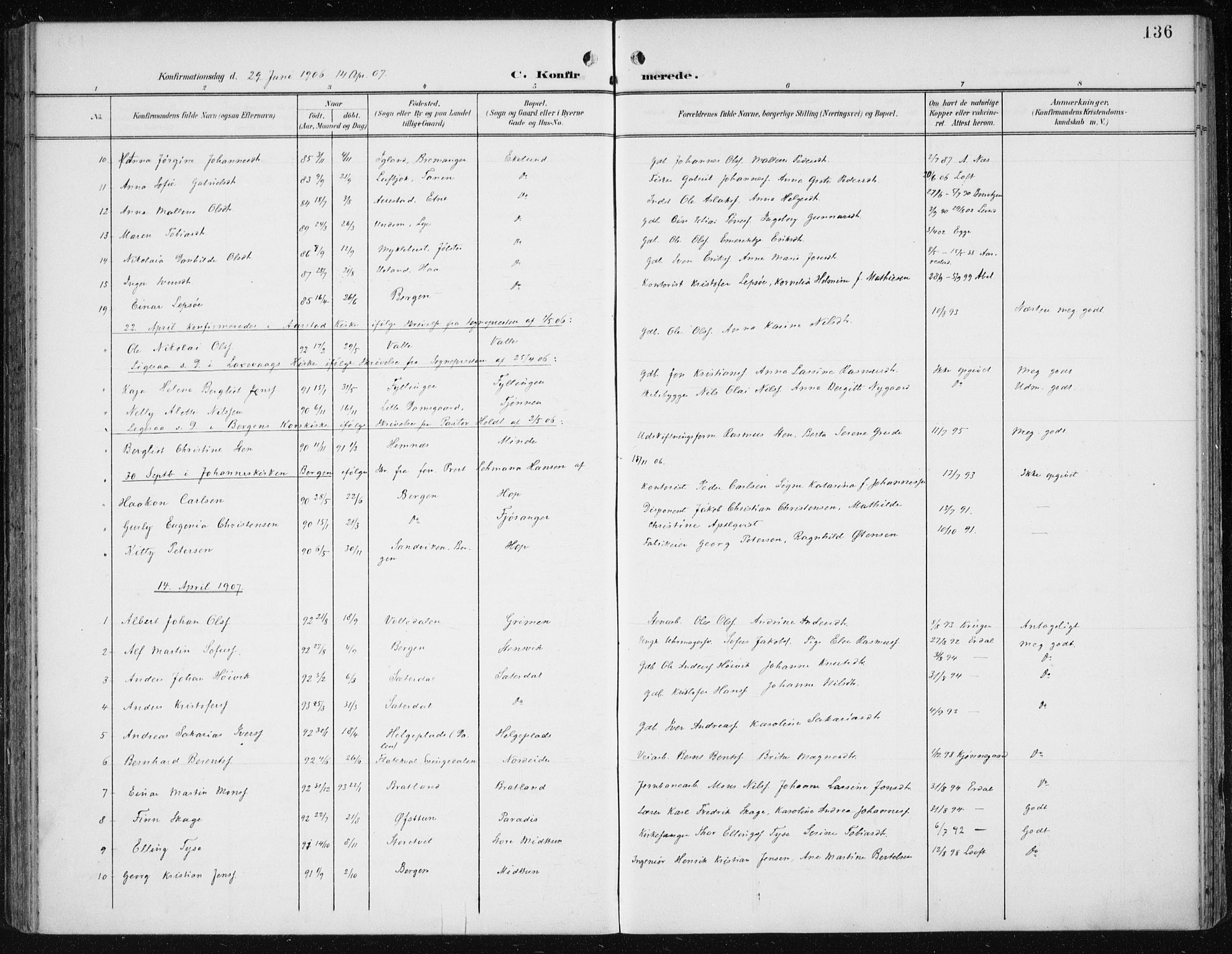 Fana Sokneprestembete, SAB/A-75101/H/Haa/Haai/L0003: Parish register (official) no. I 3, 1900-1912, p. 136