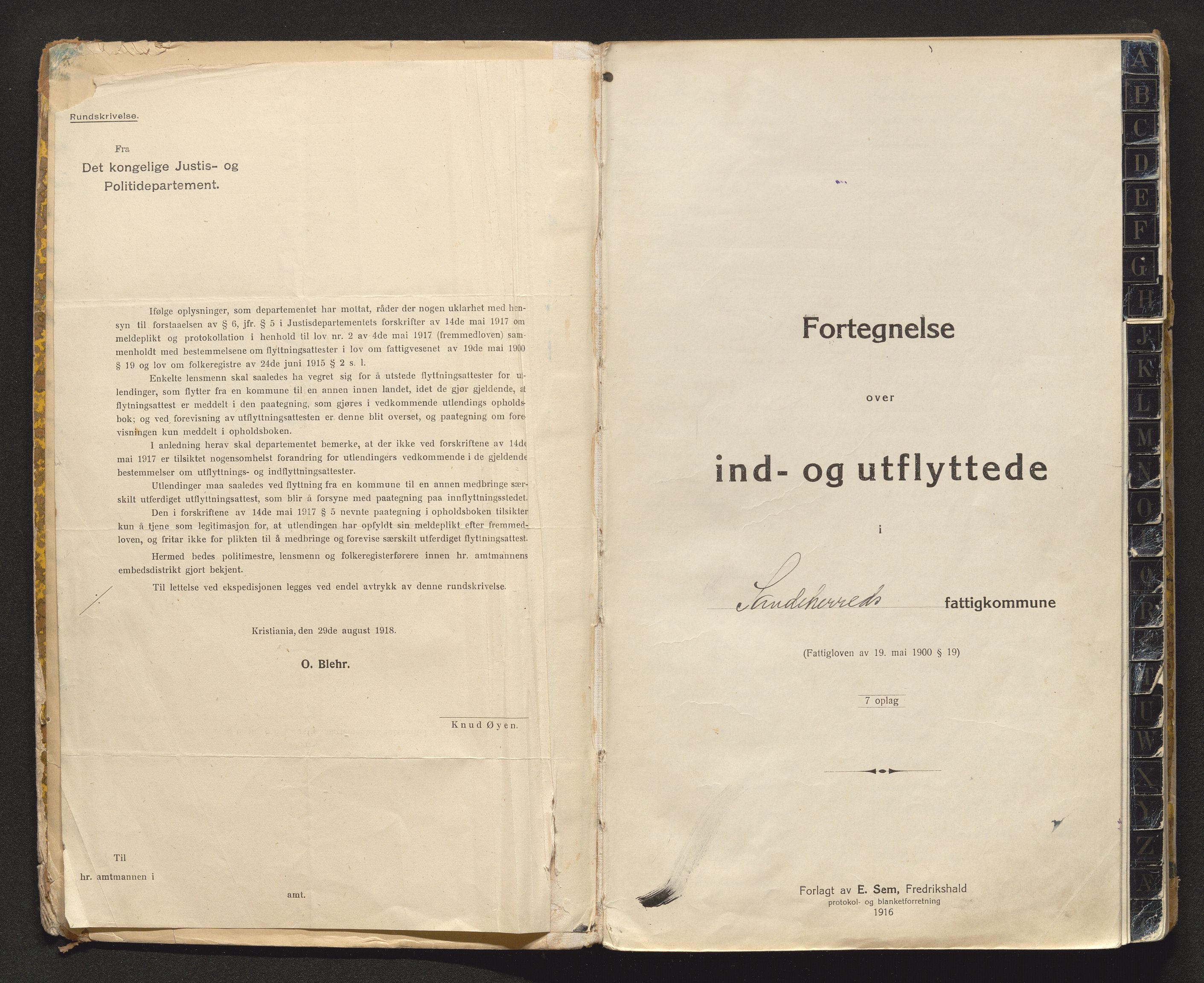 Sandar lensmannskontor, AV/SAKO-A-545/O/Oa/L0004: Protokoll over inn- og utflyttede, 1917-1920