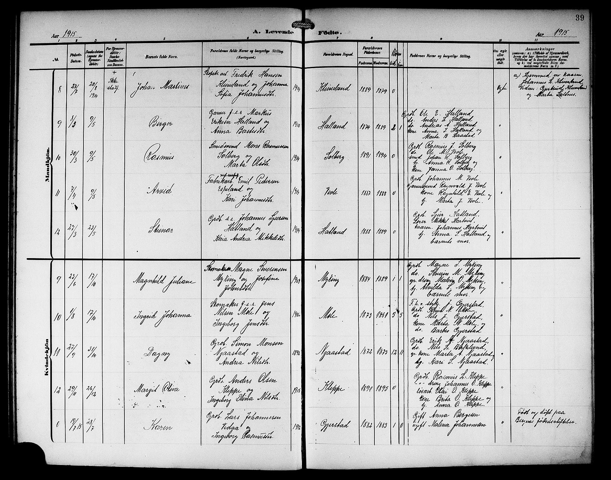 Haus sokneprestembete, AV/SAB-A-75601/H/Hab: Parish register (copy) no. C 4, 1907-1922, p. 39