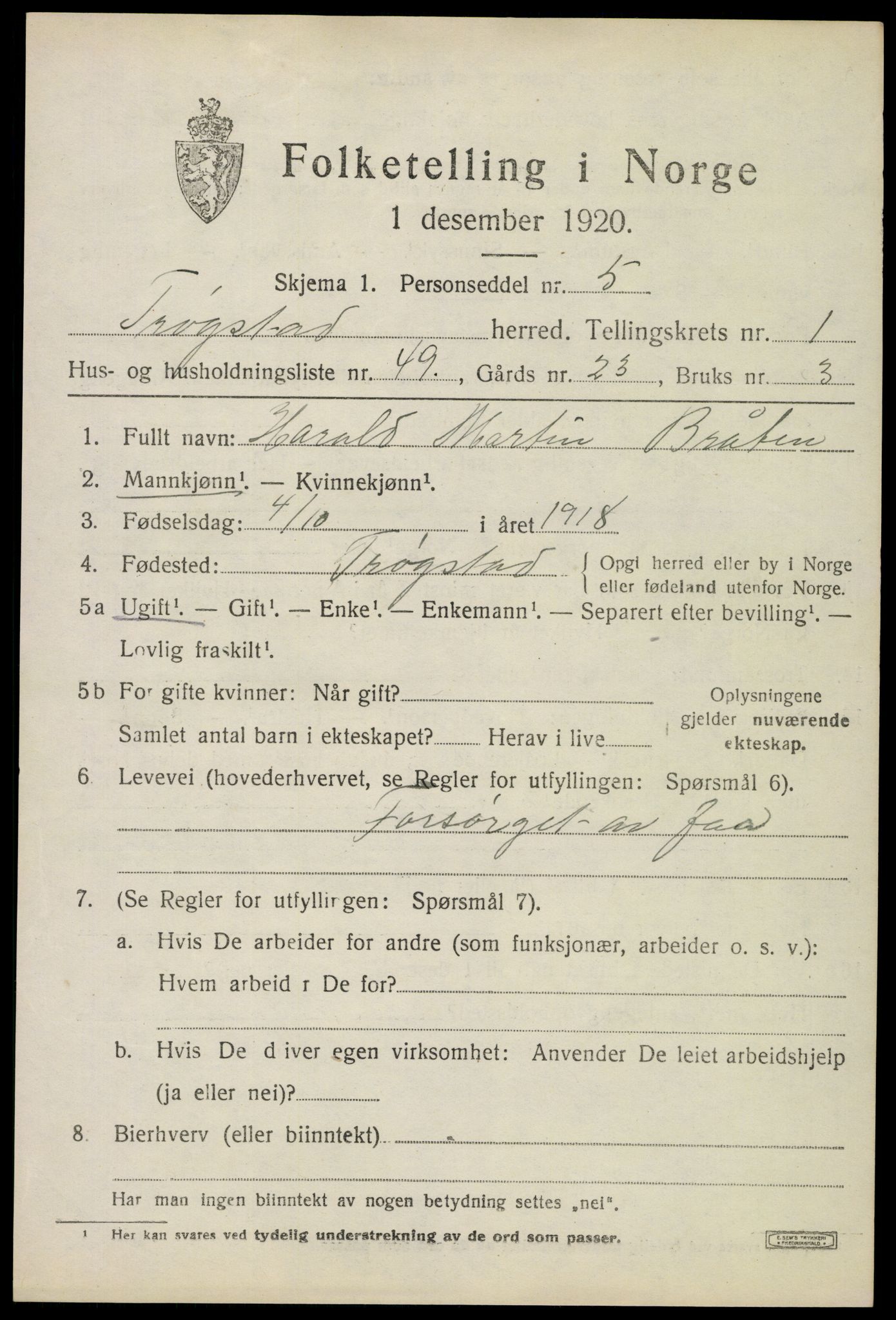 SAO, 1920 census for Trøgstad, 1920, p. 2012