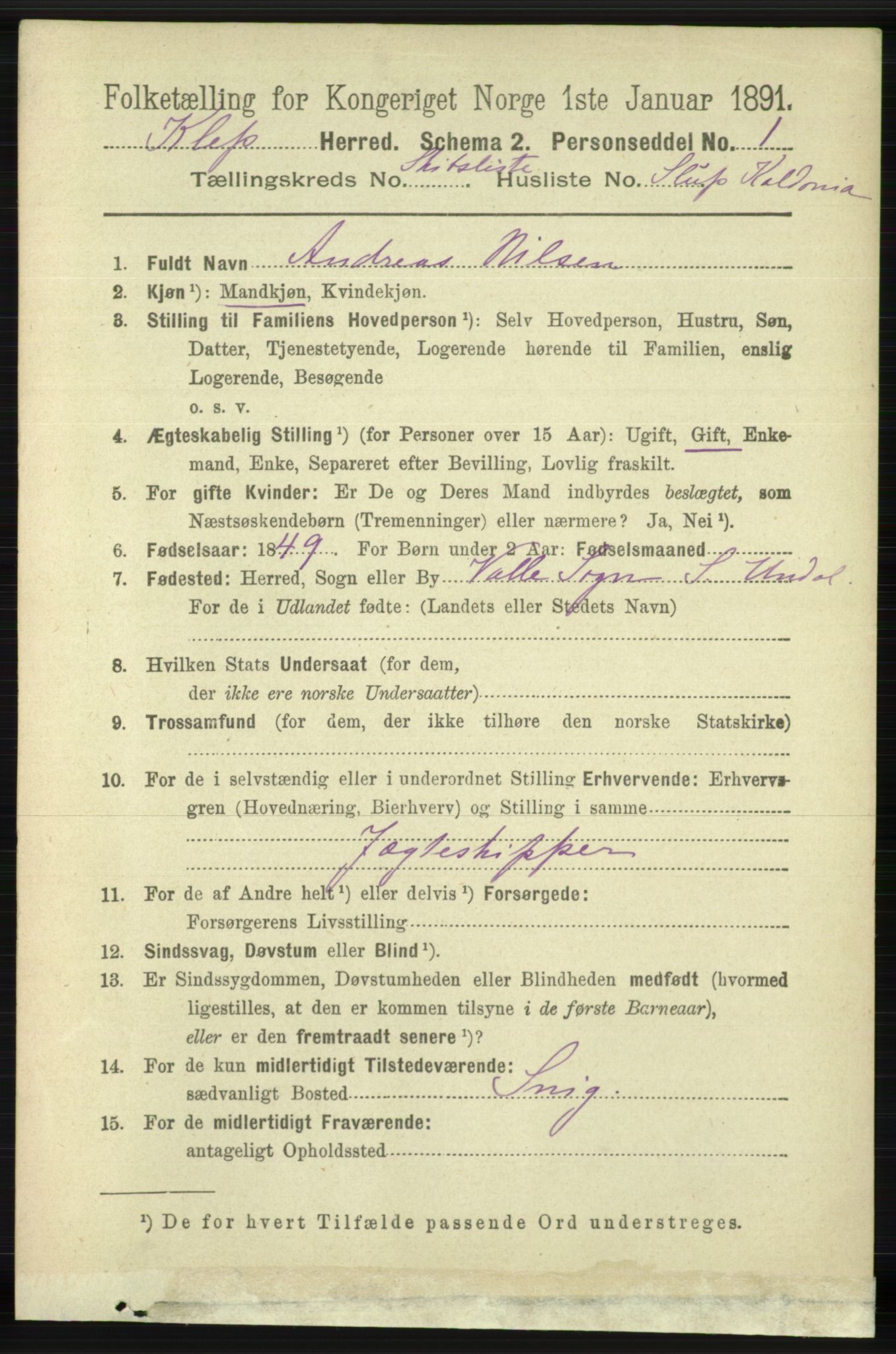RA, 1891 census for 1120 Klepp, 1891, p. 3052