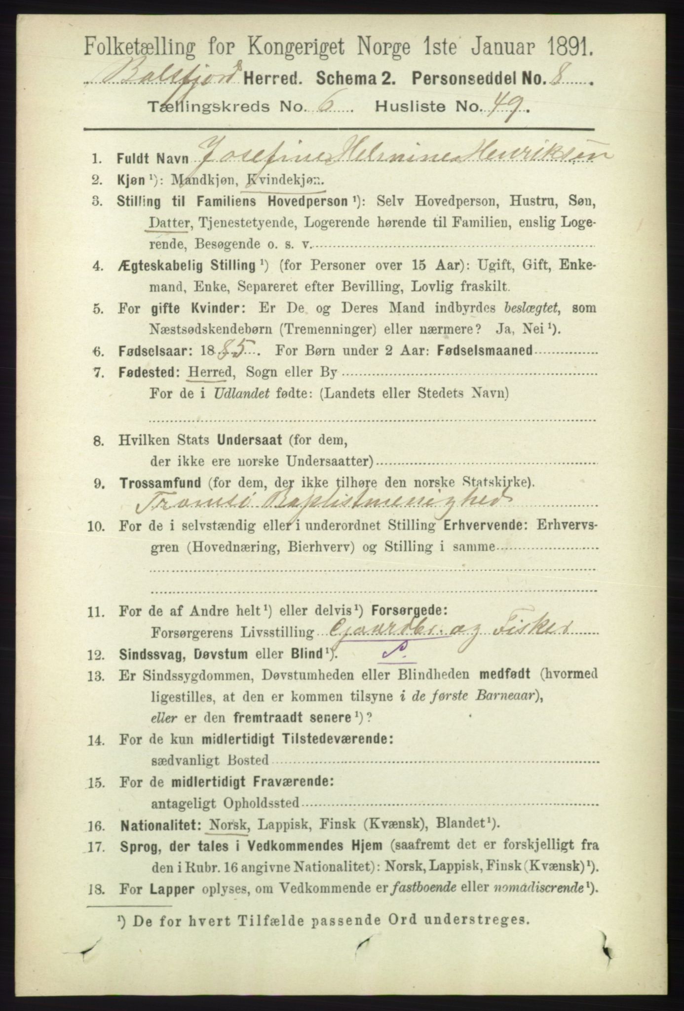 RA, 1891 census for 1933 Balsfjord, 1891, p. 1964