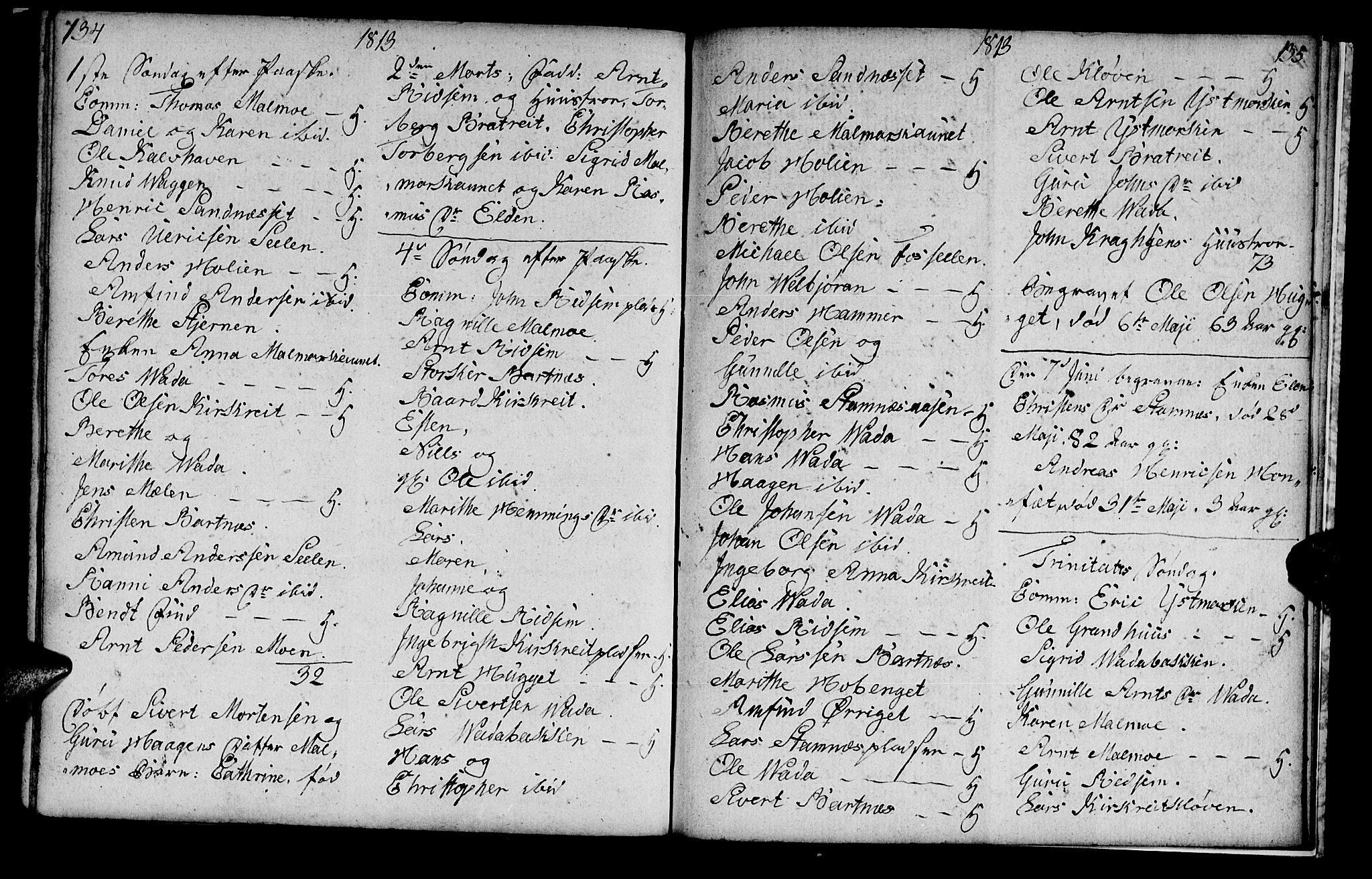 Ministerialprotokoller, klokkerbøker og fødselsregistre - Nord-Trøndelag, SAT/A-1458/745/L0432: Parish register (copy) no. 745C01, 1802-1814, p. 134-135
