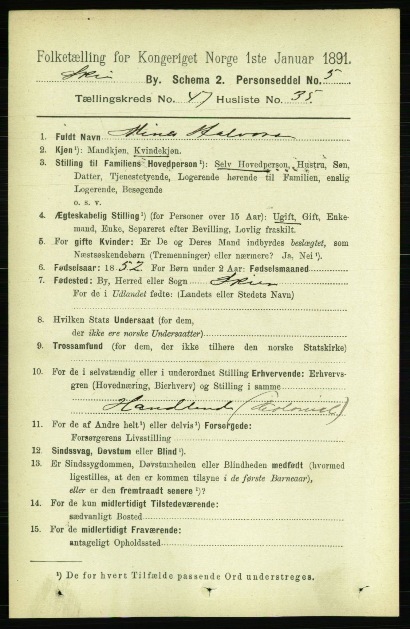 RA, 1891 census for 0806 Skien, 1891, p. 9515