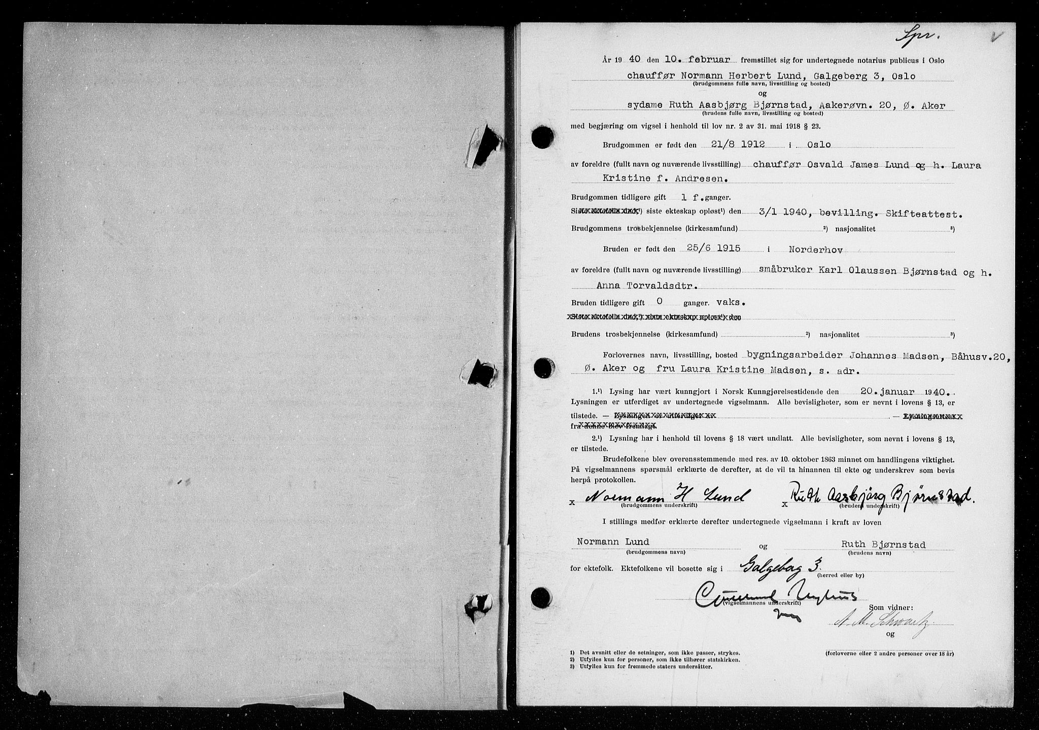 Oslo byfogd avd. I, SAO/A-10220/L/Lb/Lbb/L0034: Notarialprotokoll, rekke II: Vigsler, 1940