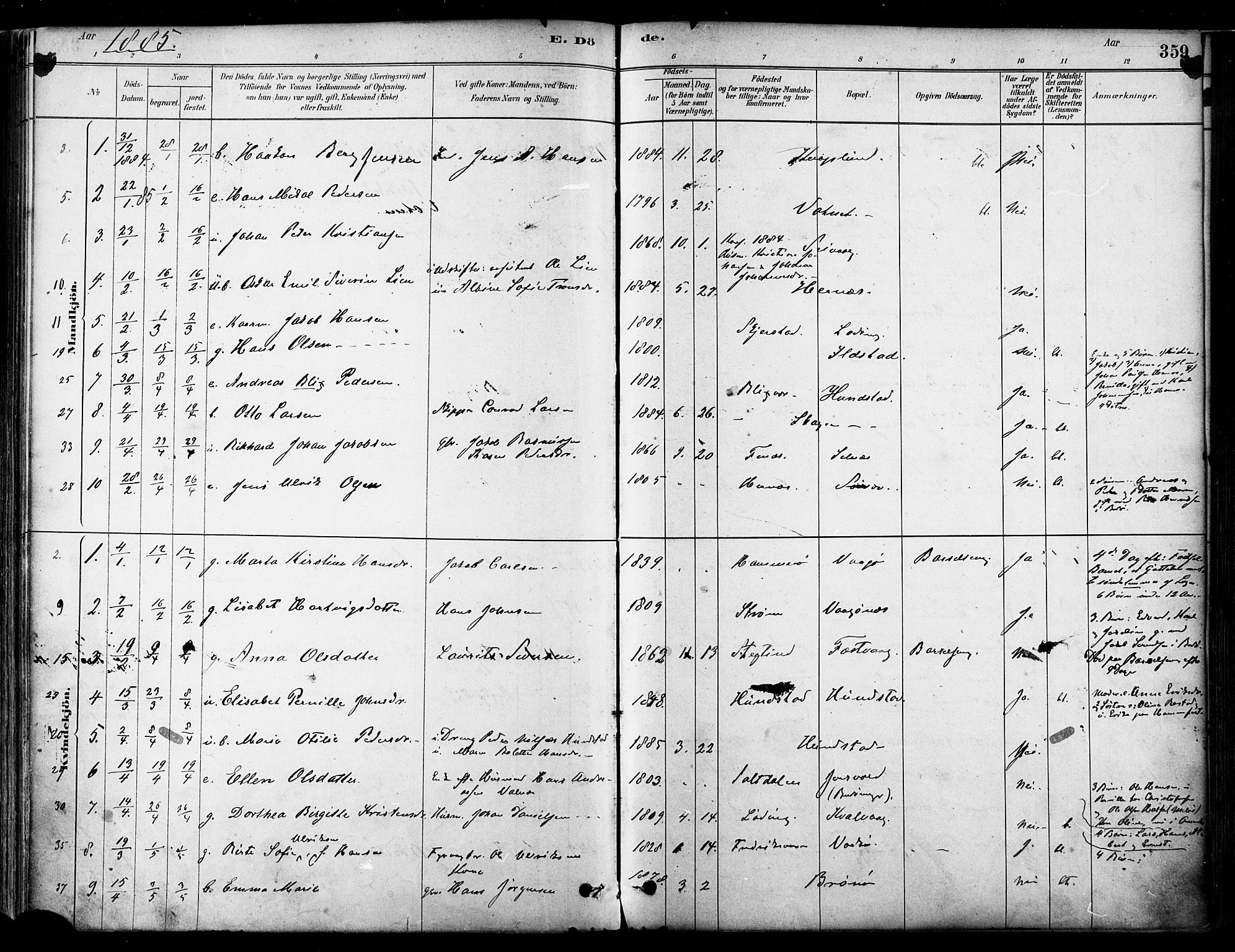 Ministerialprotokoller, klokkerbøker og fødselsregistre - Nordland, SAT/A-1459/802/L0054: Parish register (official) no. 802A01, 1879-1893, p. 359