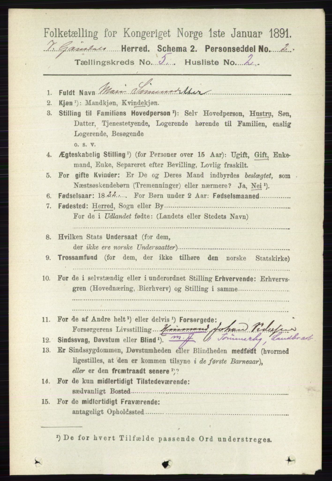 RA, 1891 census for 0523 Vestre Gausdal, 1891, p. 2180