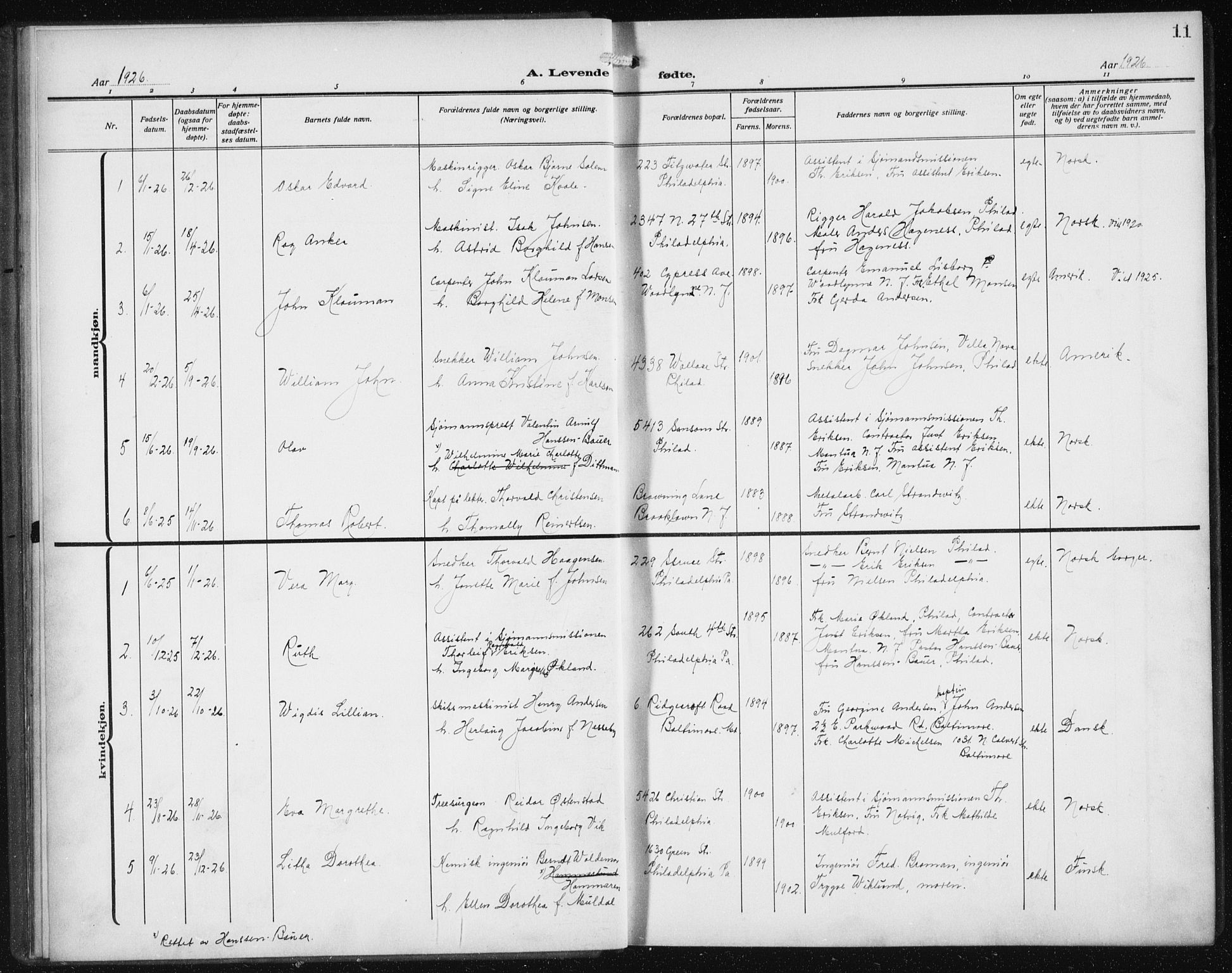 Den norske sjømannsmisjon i utlandet/Philadelphia, SAB/SAB/PA-0113/H/Ha/L0001: Parish register (official) no. A 1, 1912-1931, p. 11