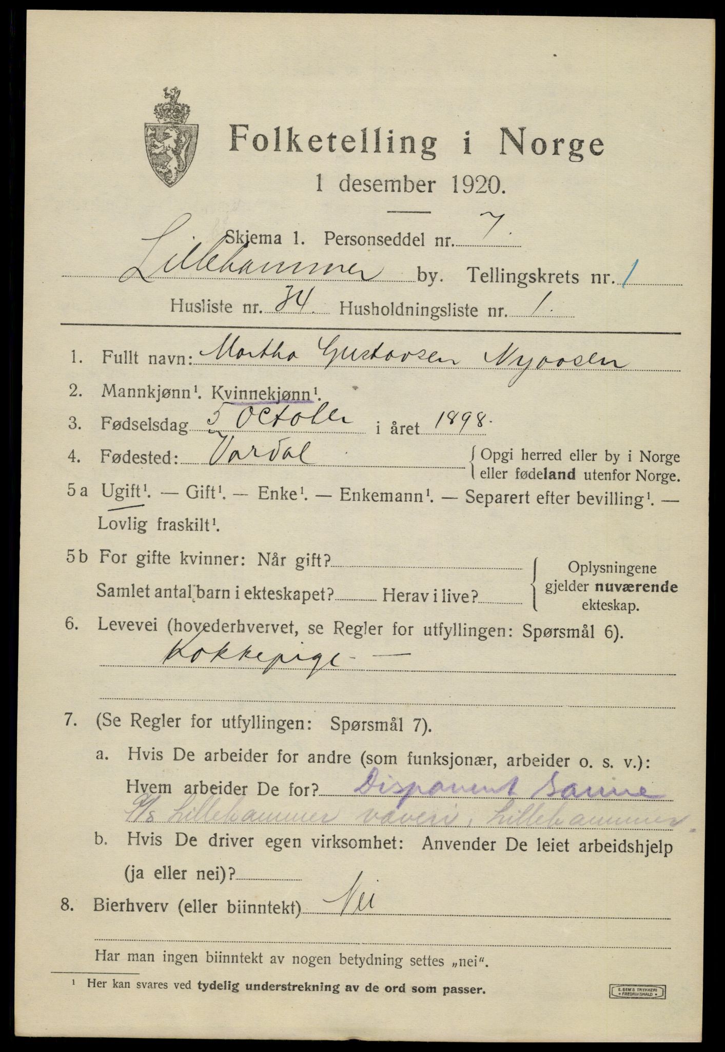 SAH, 1920 census for Lillehammer, 1920, p. 4214