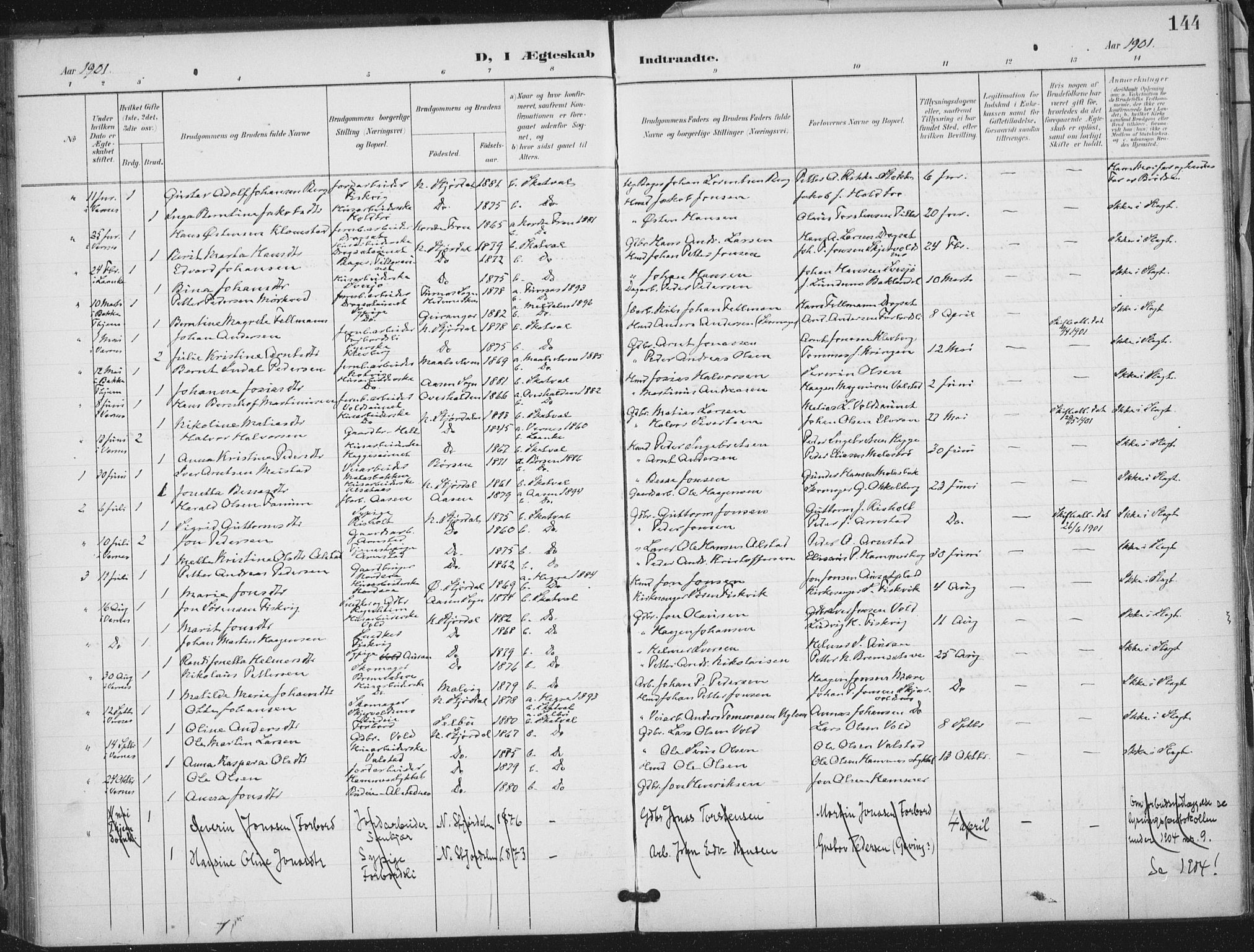 Ministerialprotokoller, klokkerbøker og fødselsregistre - Nord-Trøndelag, SAT/A-1458/712/L0101: Parish register (official) no. 712A02, 1901-1916, p. 144