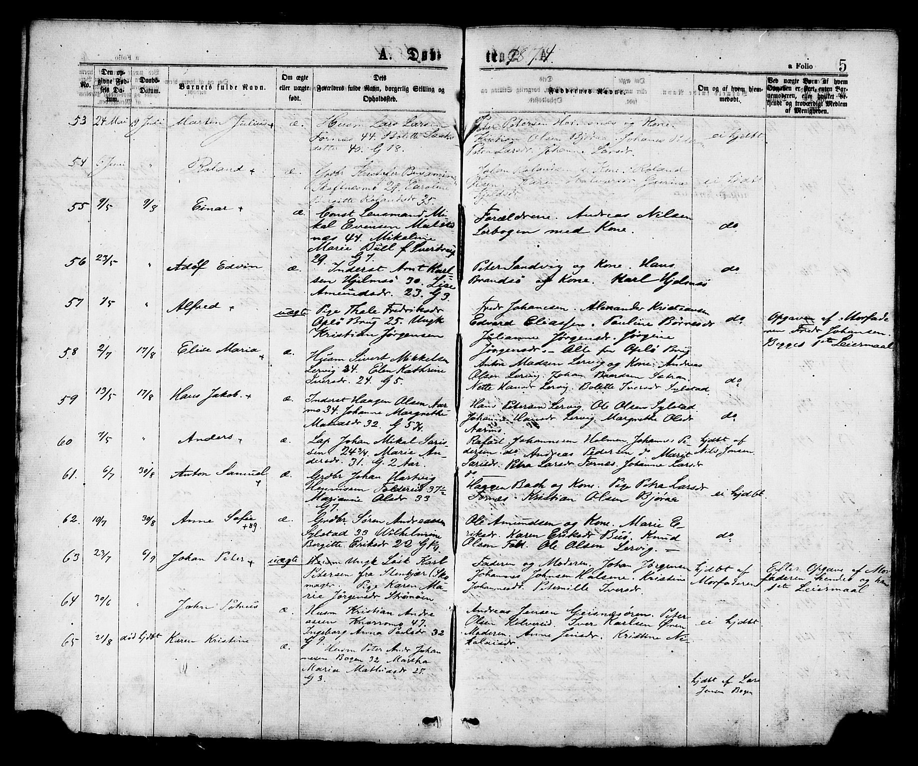 Ministerialprotokoller, klokkerbøker og fødselsregistre - Nord-Trøndelag, SAT/A-1458/780/L0642: Parish register (official) no. 780A07 /1, 1874-1885, p. 5