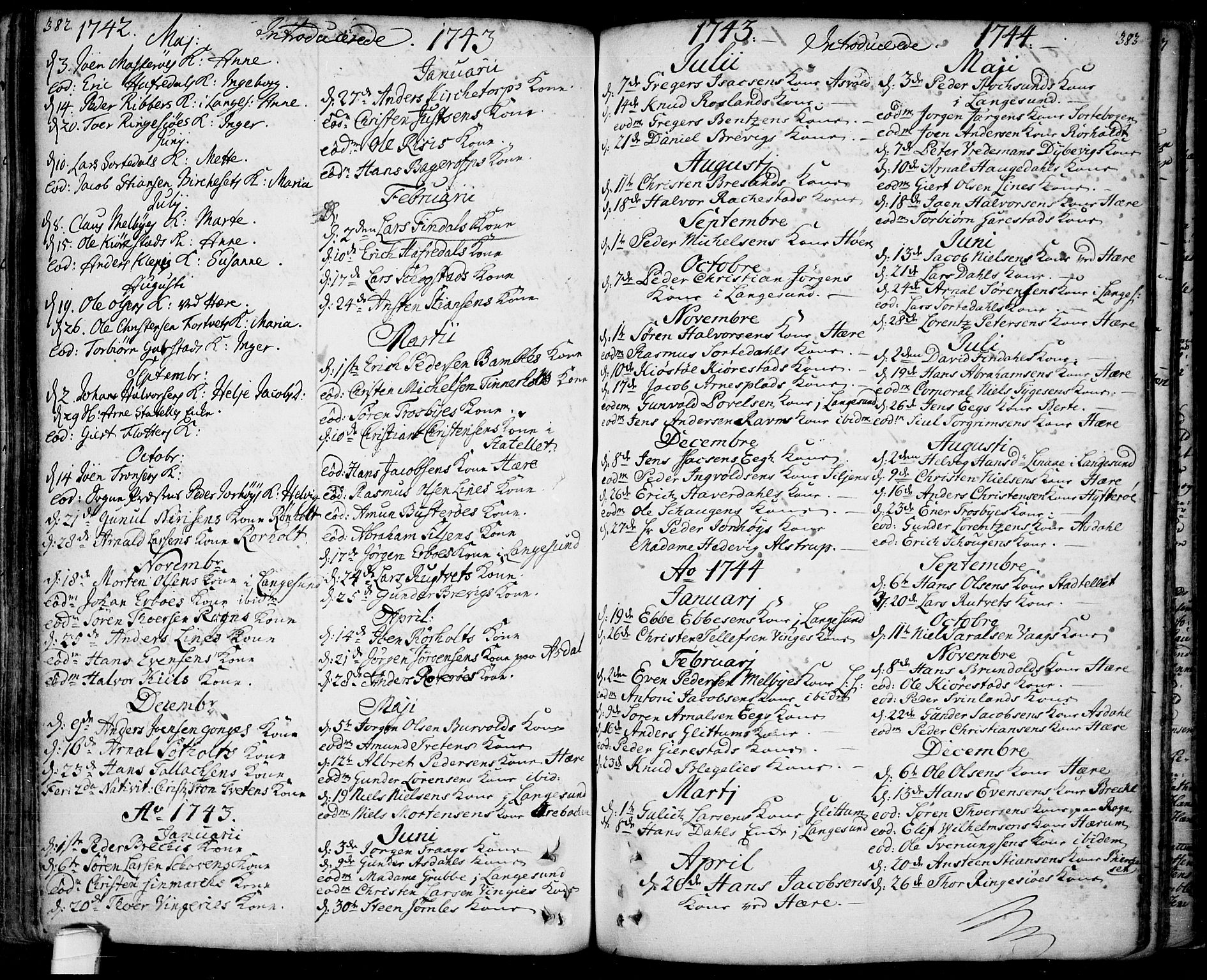 Bamble kirkebøker, AV/SAKO-A-253/F/Fa/L0001: Parish register (official) no. I 1, 1702-1774, p. 382-383