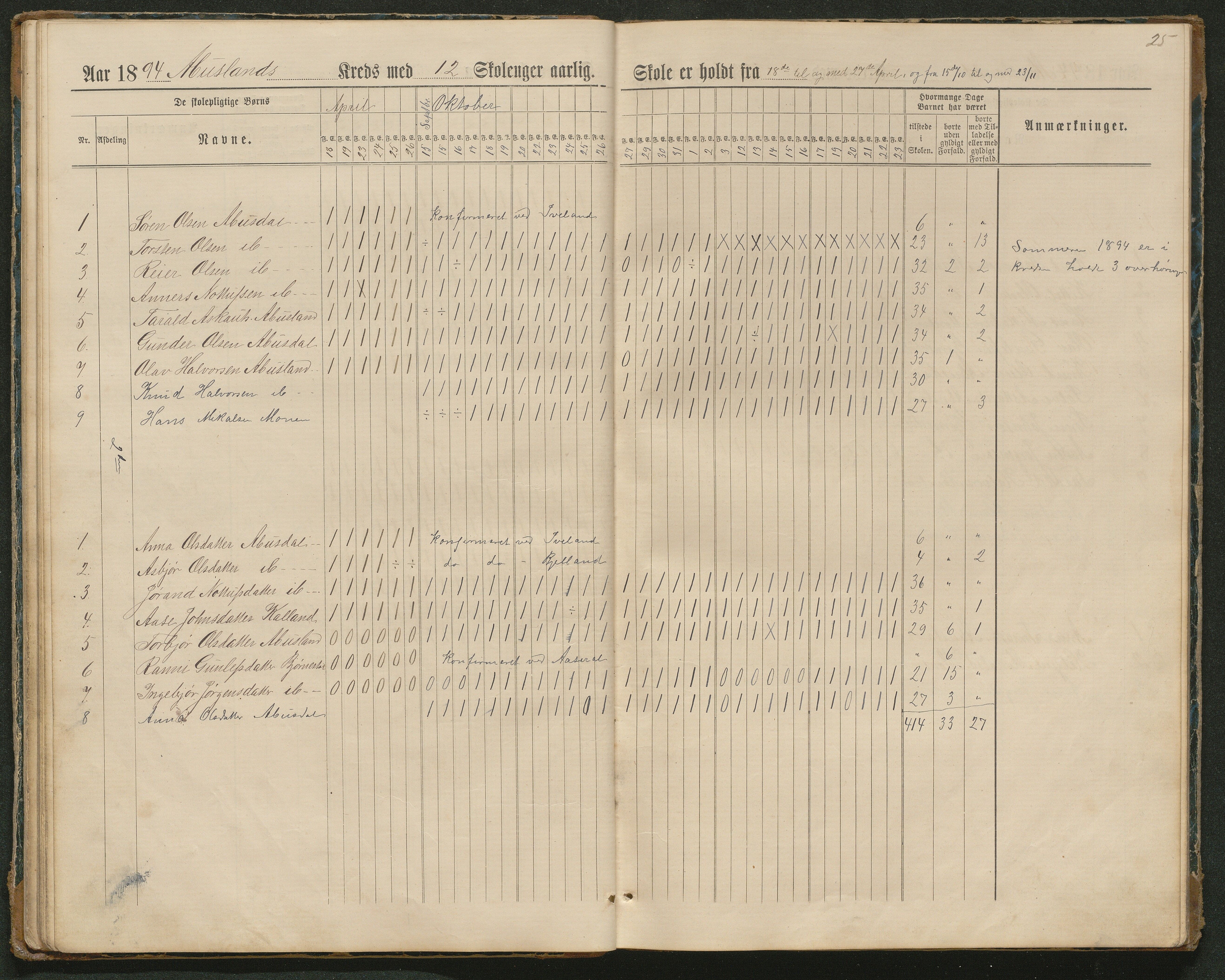 Hornnes kommune, Tønnesvold, Abusland skolekretser, AAKS/KA0936-550g/F1/L0003: Dagbok Abusland, Tønnesland, 1884-1900, p. 25