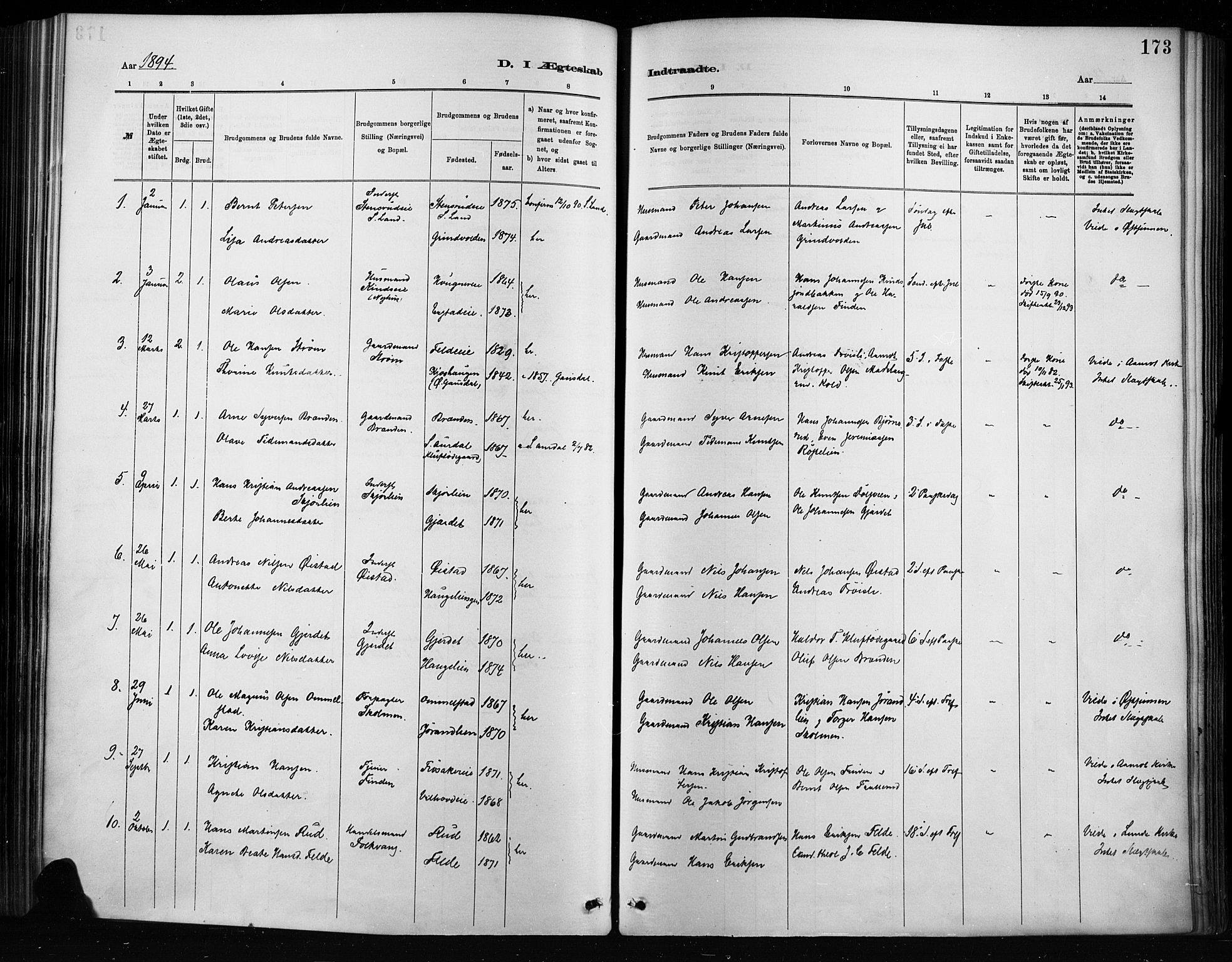 Nordre Land prestekontor, SAH/PREST-124/H/Ha/Haa/L0004: Parish register (official) no. 4, 1882-1896, p. 173