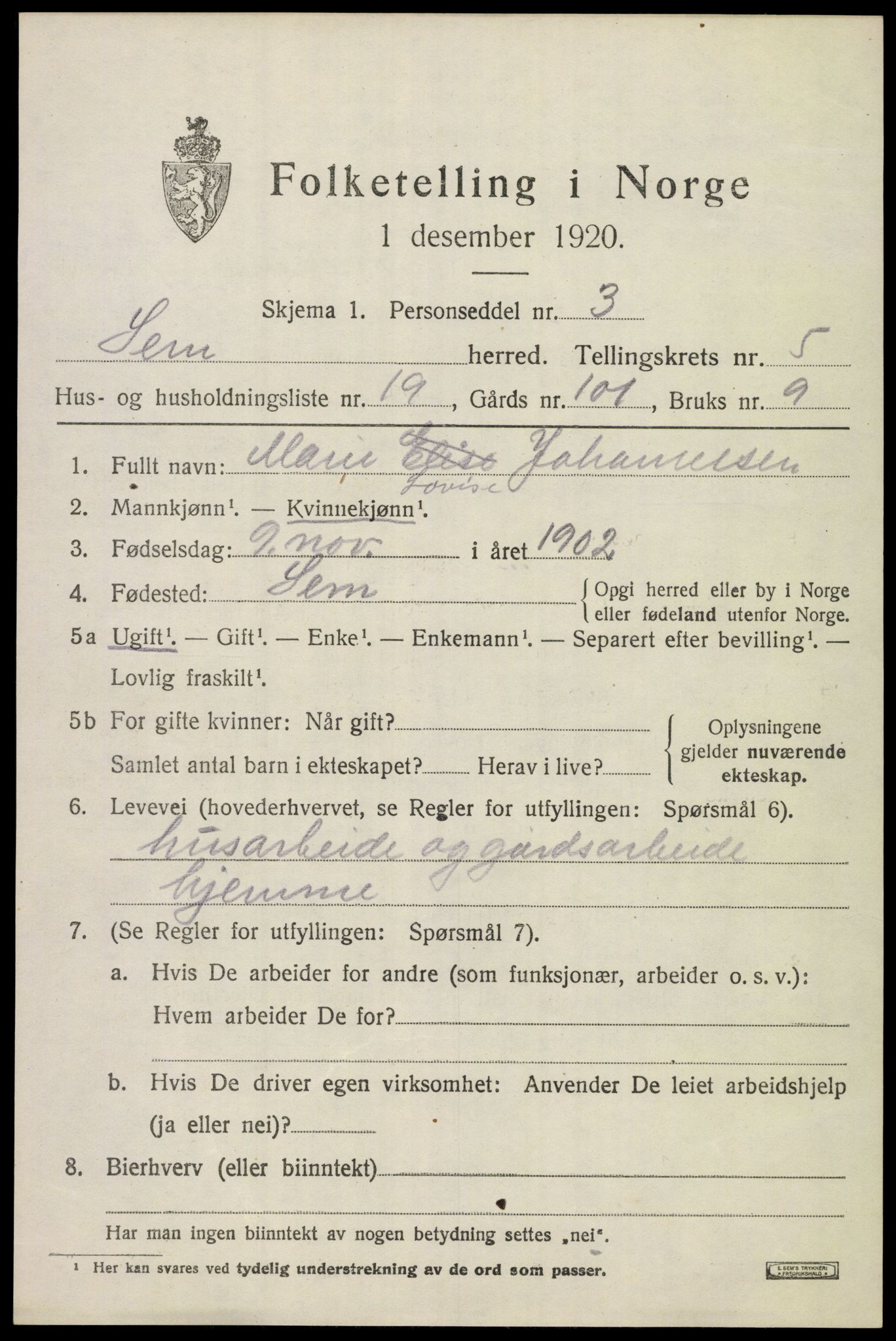 SAKO, 1920 census for Sem, 1920, p. 8023