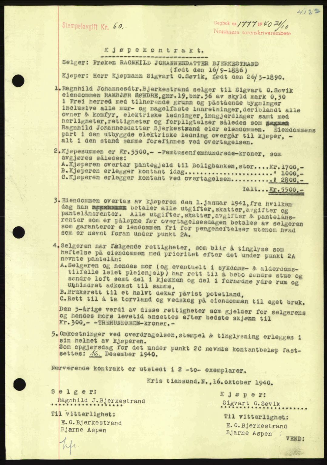 Nordmøre sorenskriveri, AV/SAT-A-4132/1/2/2Ca: Mortgage book no. B87, 1940-1941, Diary no: : 1777/1940