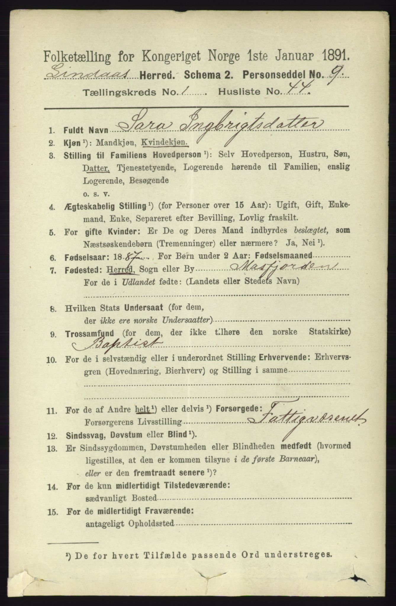 RA, 1891 census for 1263 Lindås, 1891, p. 373