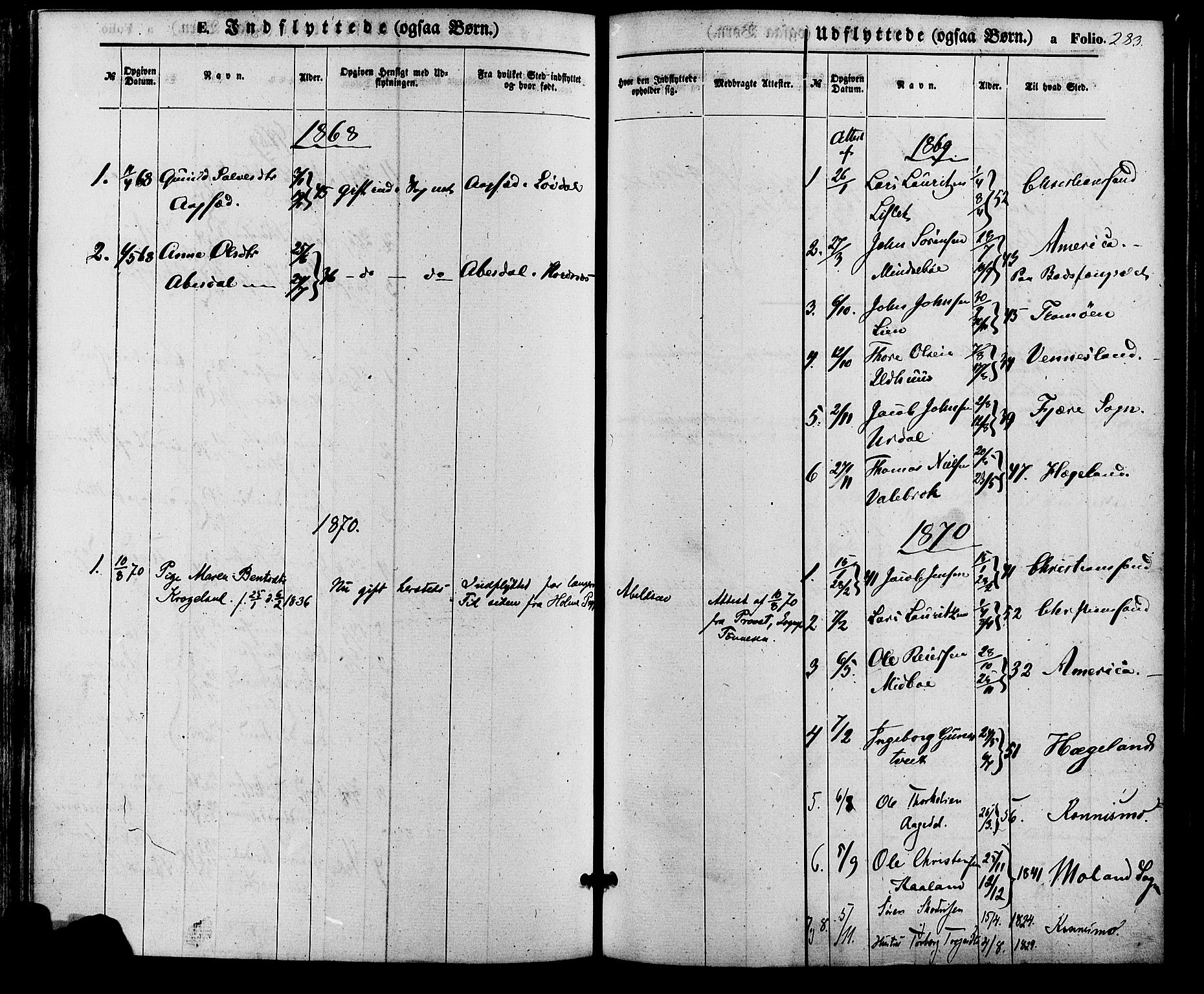 Bjelland sokneprestkontor, SAK/1111-0005/F/Fa/Faa/L0003: Parish register (official) no. A 3, 1867-1887, p. 283
