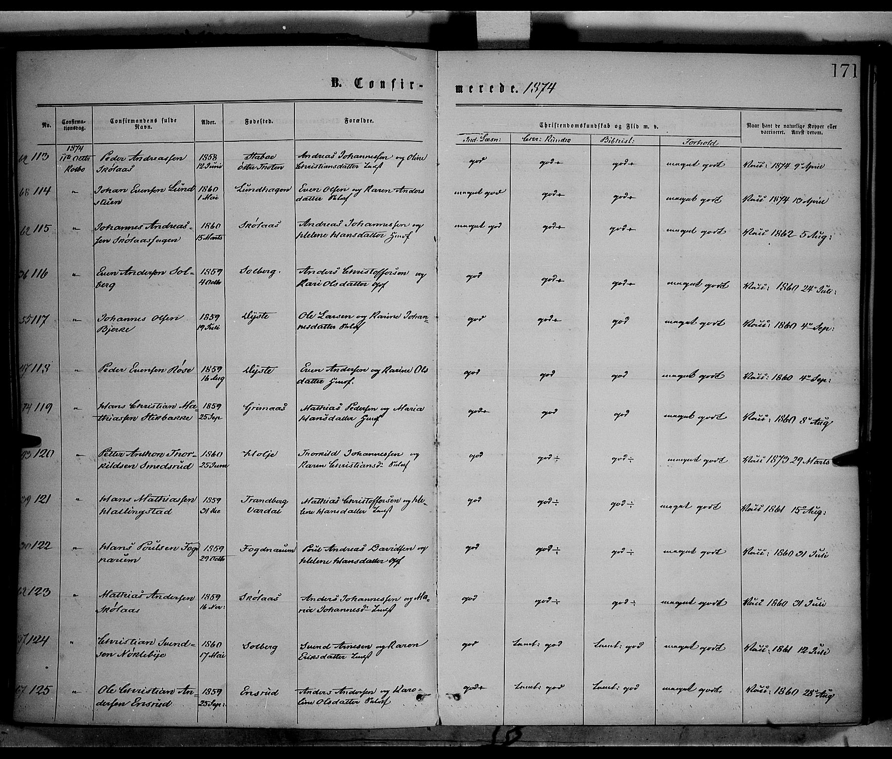 Vestre Toten prestekontor, AV/SAH-PREST-108/H/Ha/Haa/L0008: Parish register (official) no. 8, 1870-1877, p. 171