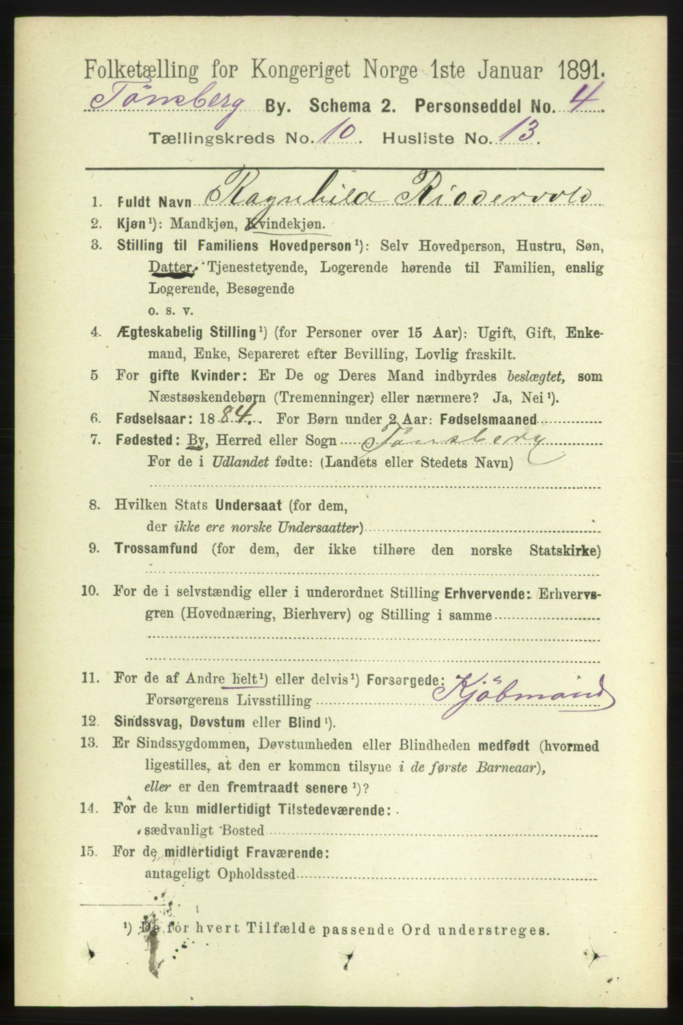 RA, 1891 census for 0705 Tønsberg, 1891, p. 3764