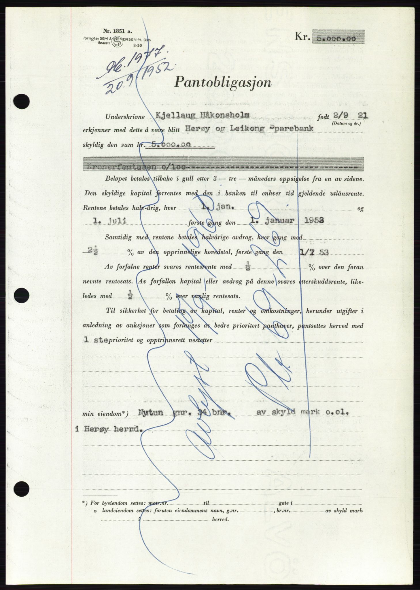 Søre Sunnmøre sorenskriveri, AV/SAT-A-4122/1/2/2C/L0122: Mortgage book no. 10B, 1952-1953, Diary no: : 1977/1952