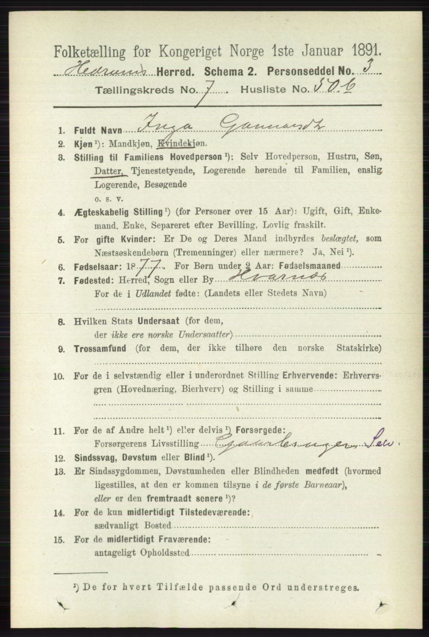 RA, 1891 census for 0727 Hedrum, 1891, p. 3320