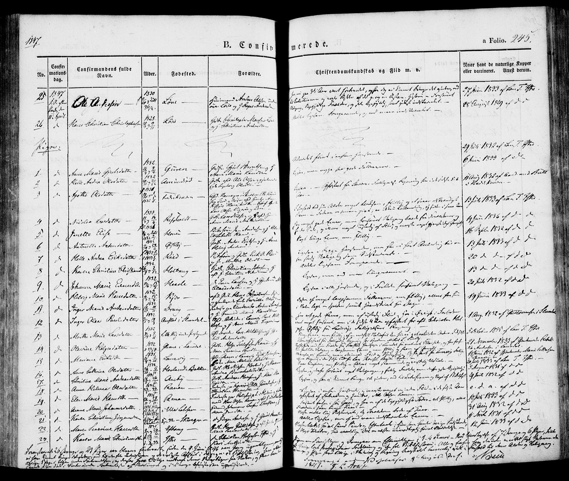 Tjølling kirkebøker, SAKO/A-60/F/Fa/L0006: Parish register (official) no. 6, 1835-1859, p. 245