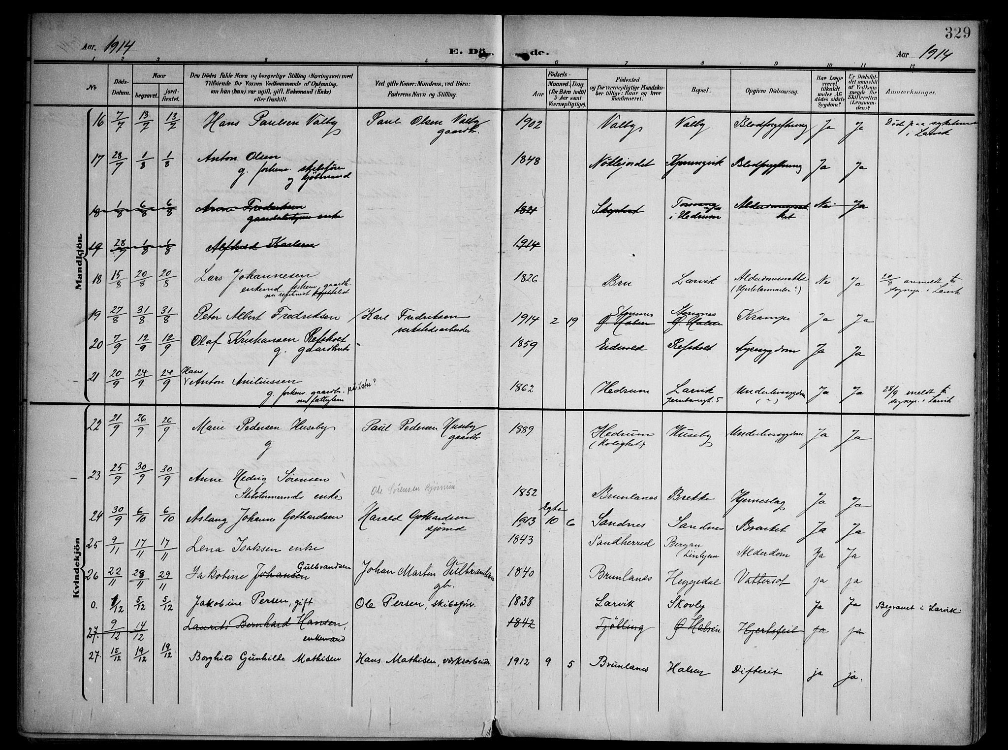 Tjølling kirkebøker, AV/SAKO-A-60/F/Fa/L0010: Parish register (official) no. 10, 1906-1923, p. 329