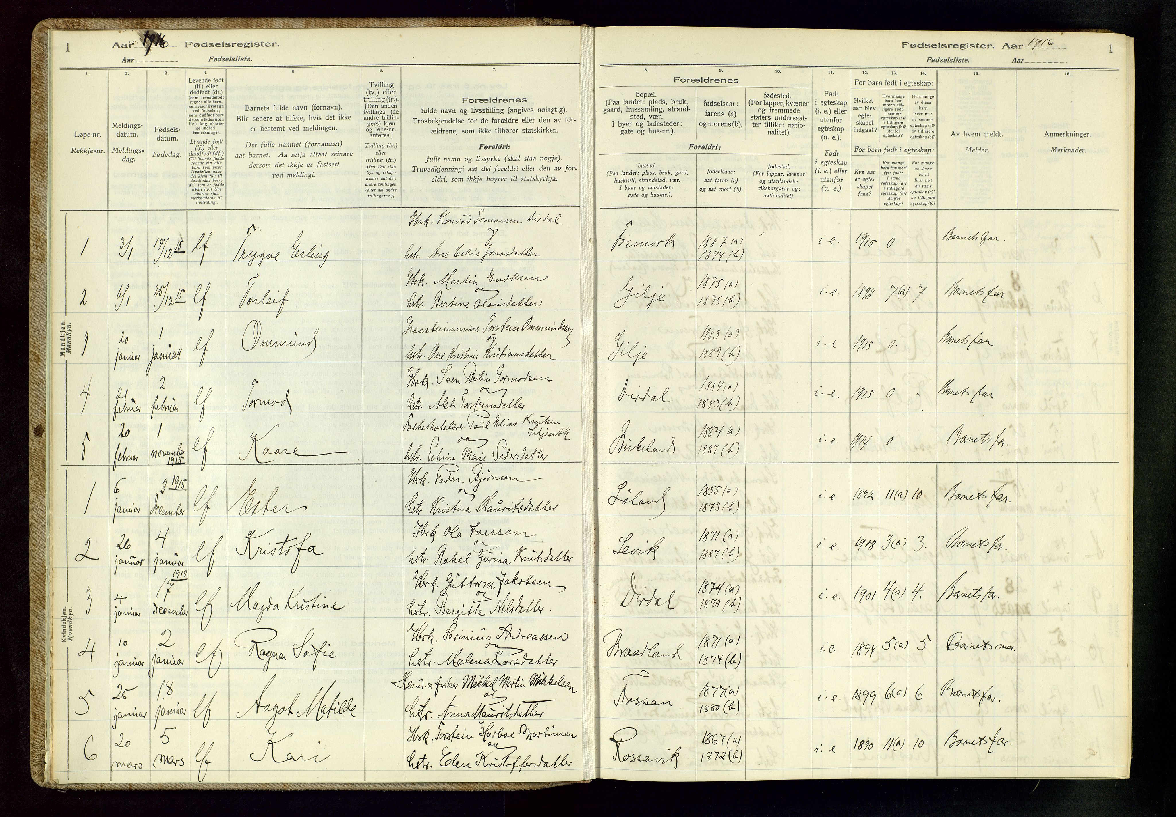Høgsfjord sokneprestkontor, SAST/A-101624/I/Id/L0002: Birth register no. 2, 1916-1959, p. 1