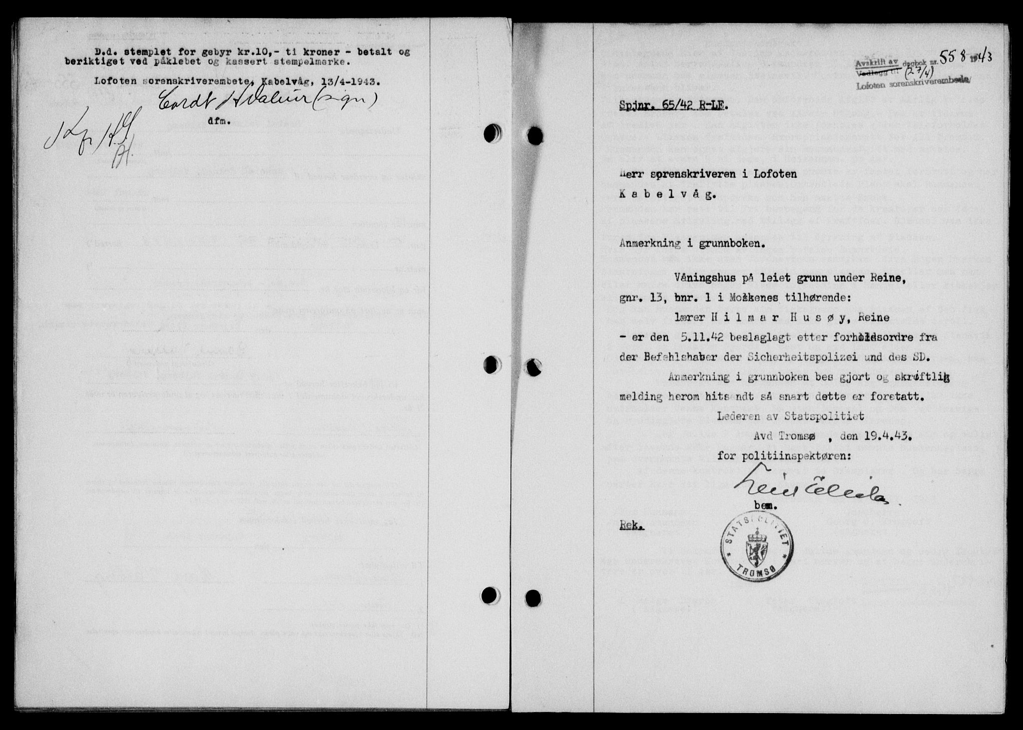 Lofoten sorenskriveri, SAT/A-0017/1/2/2C/L0011a: Mortgage book no. 11a, 1943-1943, Diary no: : 558/1943