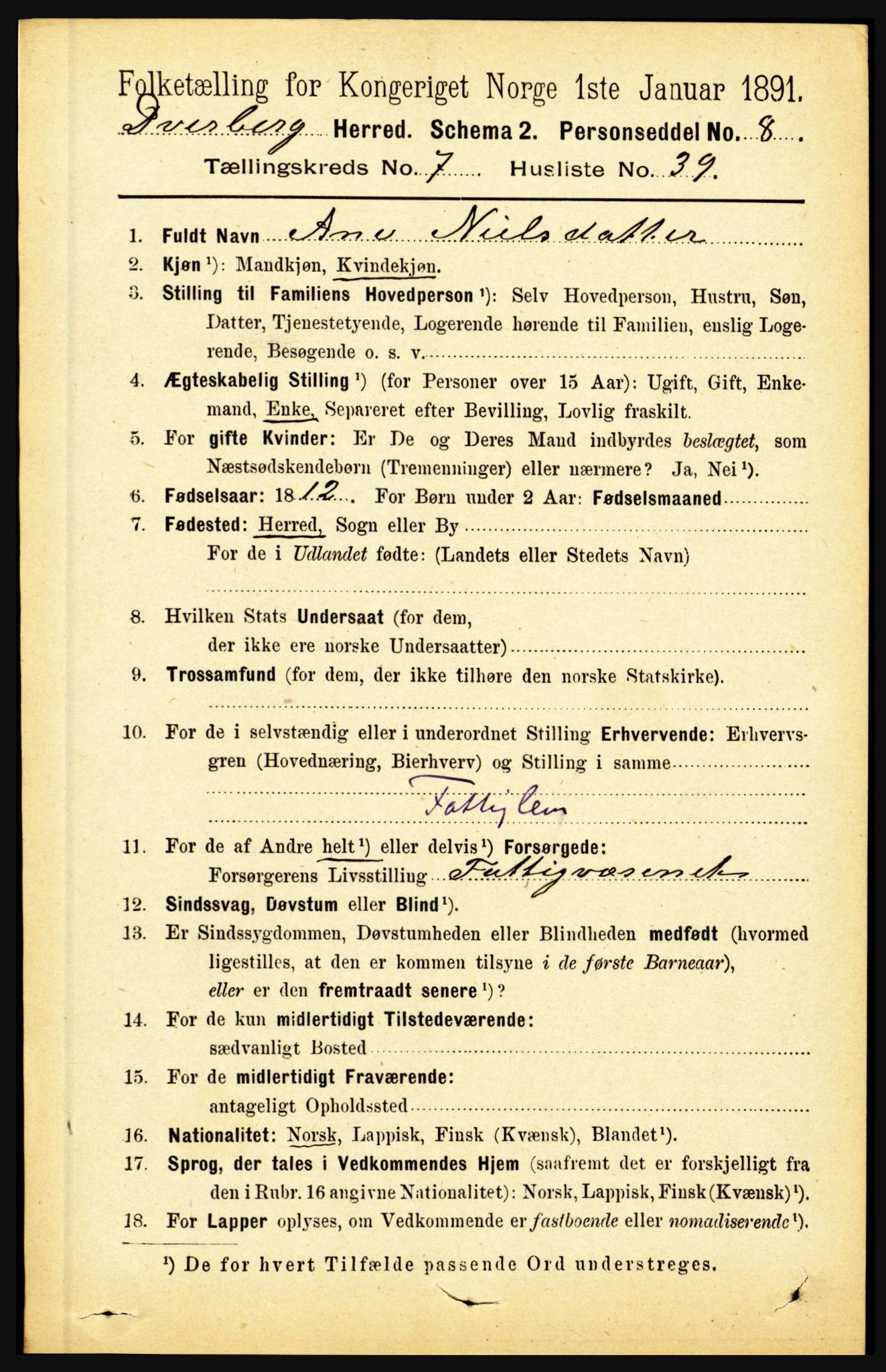 RA, 1891 census for 1872 Dverberg, 1891, p. 2847