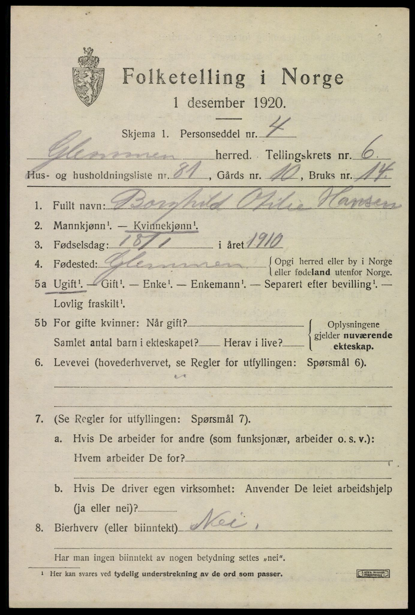 SAO, 1920 census for Glemmen, 1920, p. 22807