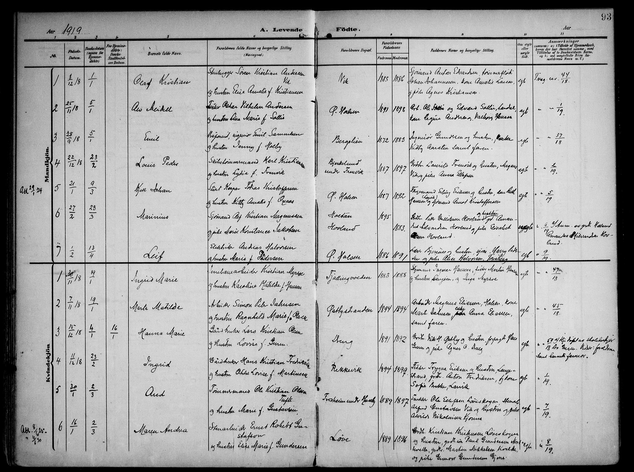 Tjølling kirkebøker, AV/SAKO-A-60/F/Fa/L0010: Parish register (official) no. 10, 1906-1923, p. 93